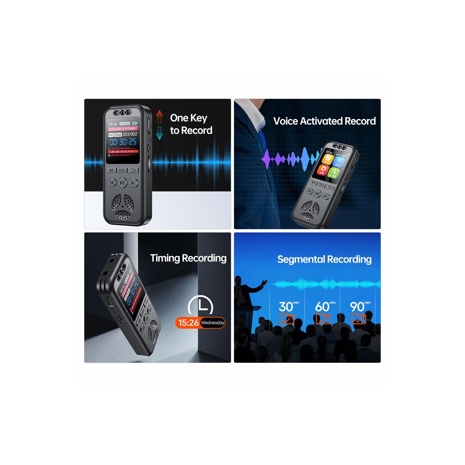 Enregistreur vocal numérique de 64&nbsp;Go avec réduction du bruit d'enregistrement activé par la voix et lecteur de musique MP3