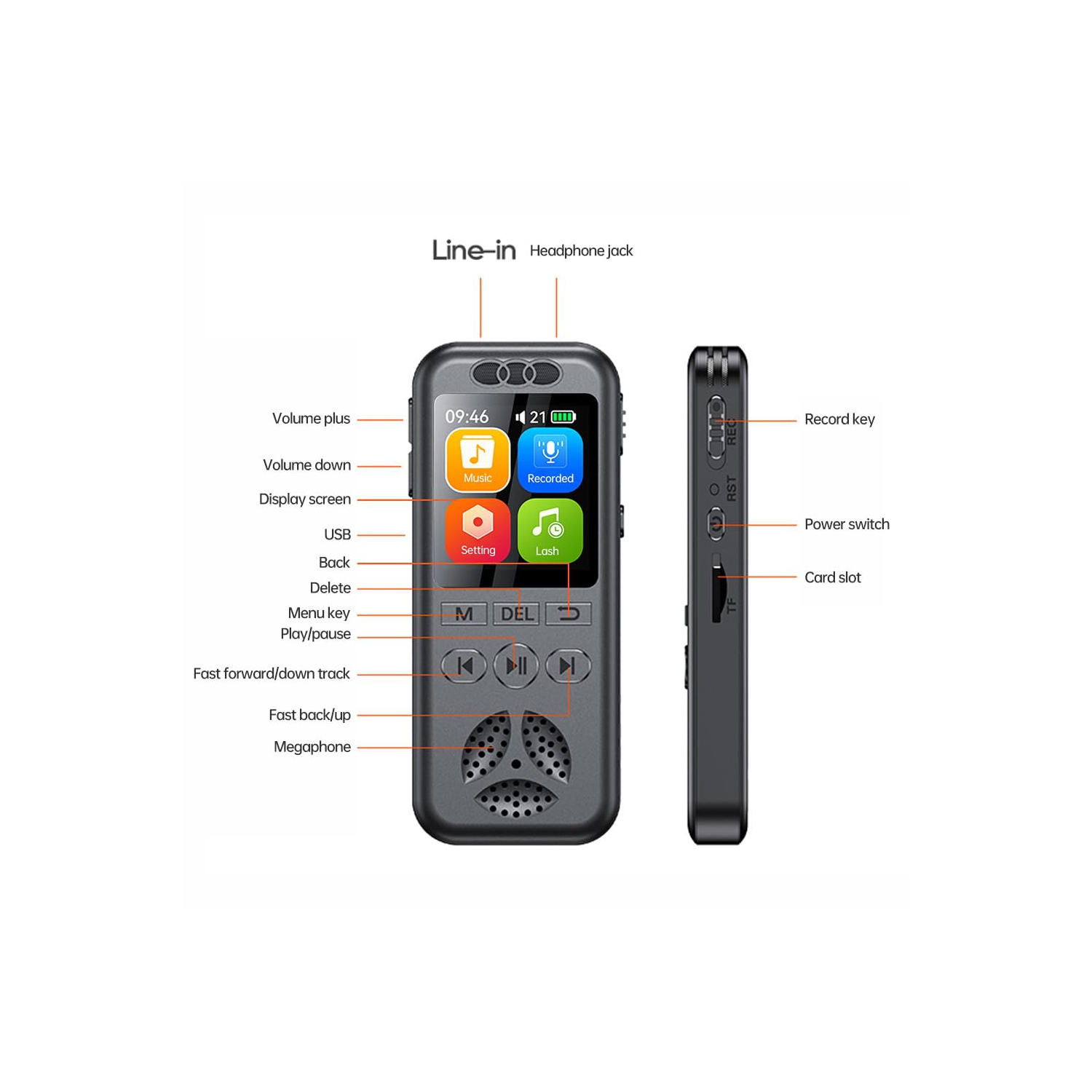 Enregistreur vocal numérique de 64&nbsp;Go avec réduction du bruit d'enregistrement activé par la voix et lecteur de musique MP3