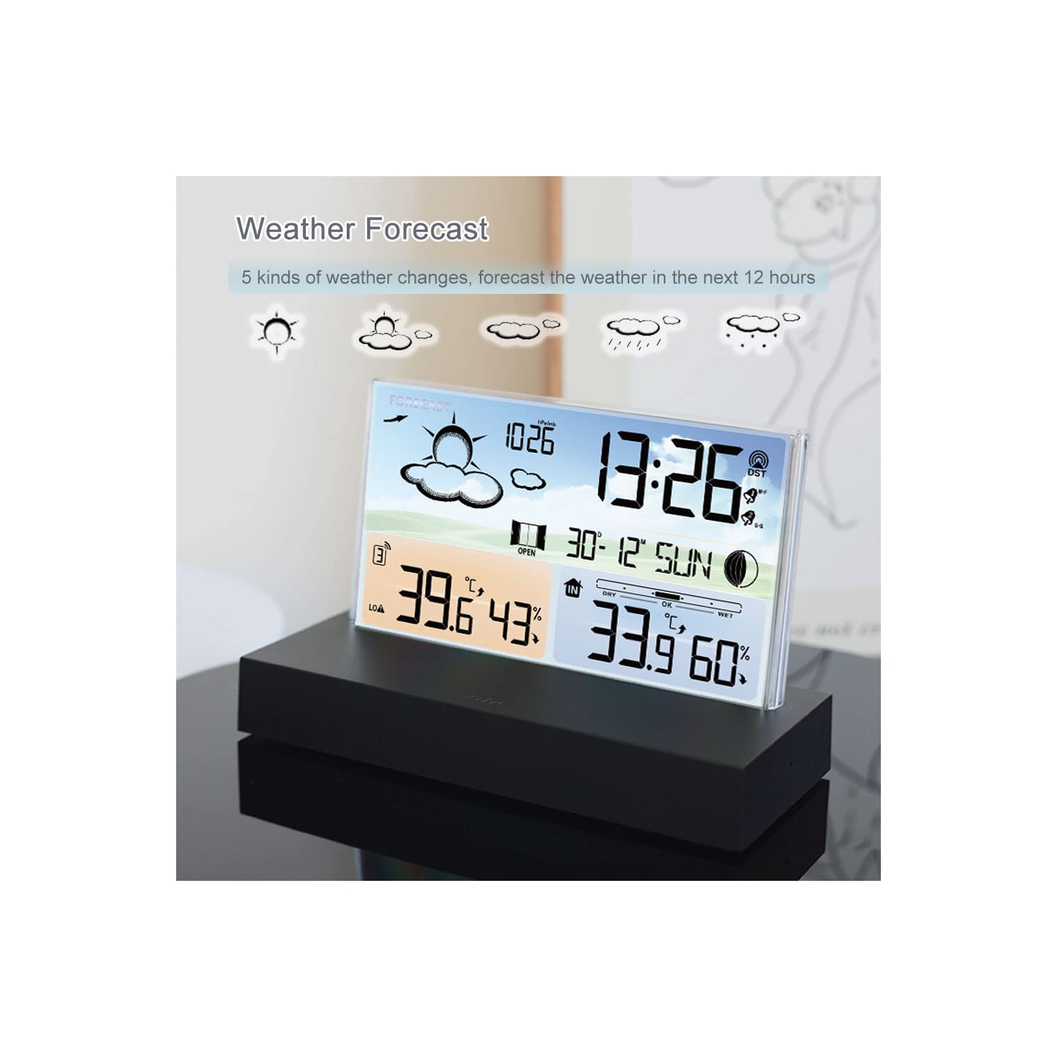 Horloge météo en verre transparent, écran couleur réveil électronique multifonctionnel, avec 5 types de prévisions météorologiques, pression d'air,