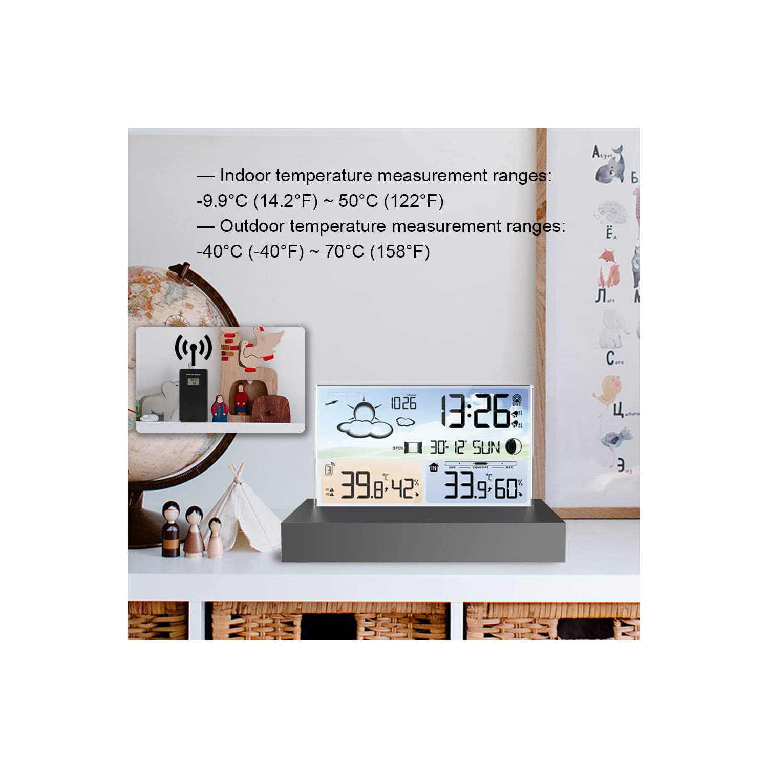 Horloge météo en verre transparent, écran couleur réveil électronique multifonctionnel, avec 5 types de prévisions météorologiques, pression d'air,