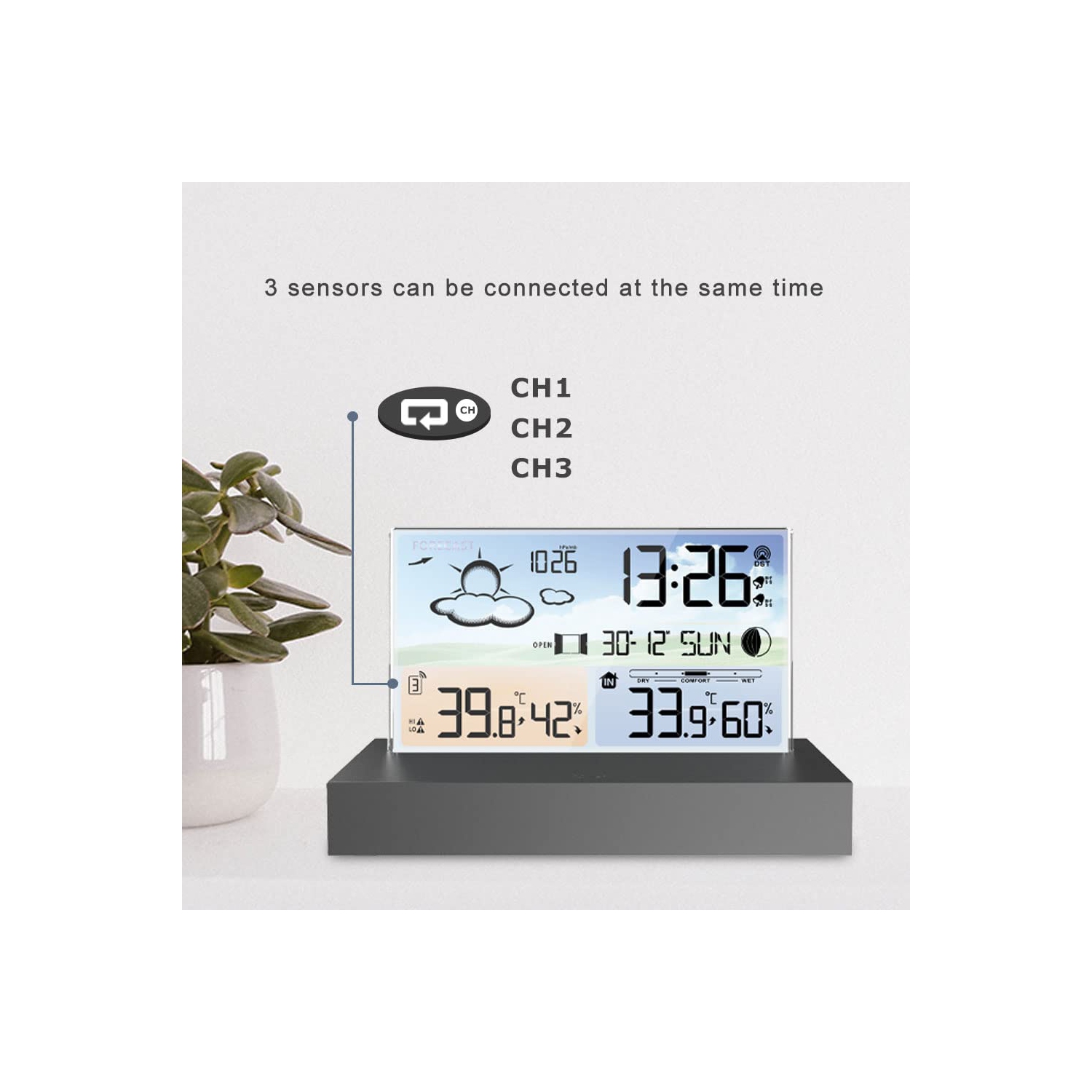 Horloge météo en verre transparent, écran couleur réveil électronique multifonctionnel, avec 5 types de prévisions météorologiques, pression d'air,