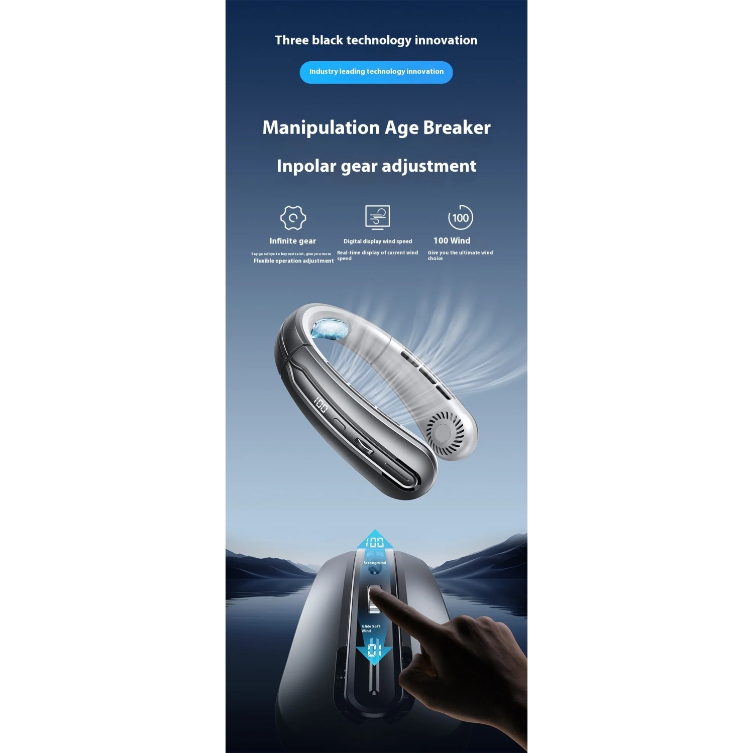 New style neck hanging fan, portable charging portable small USB silent neck hanging cooling wind leafless outdoor fan - deep space gray stepless