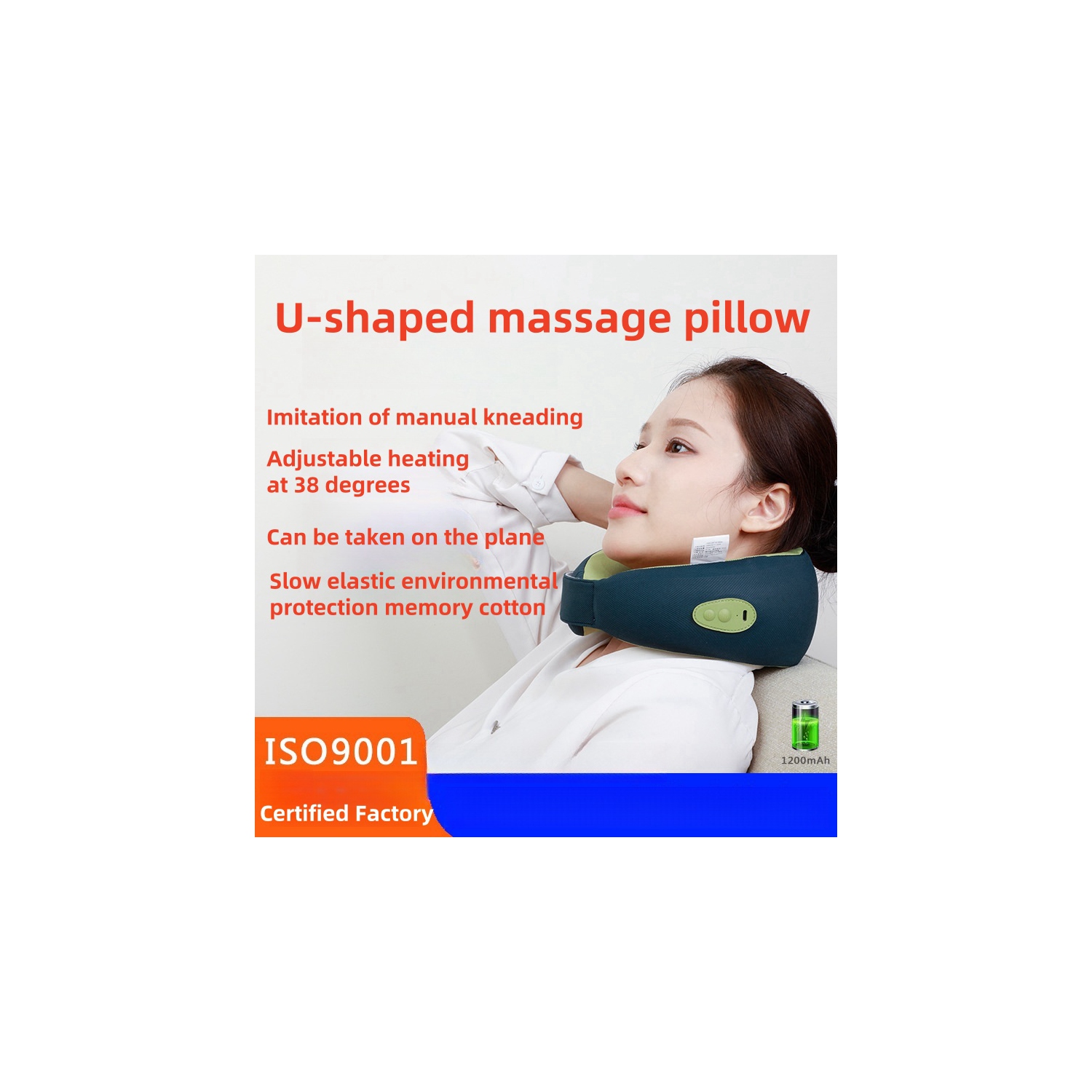 Nouvel appareil de massage cervical, chauffage pour voiture électrique pour la maison Coussin de massage en forme de U – vert pâle