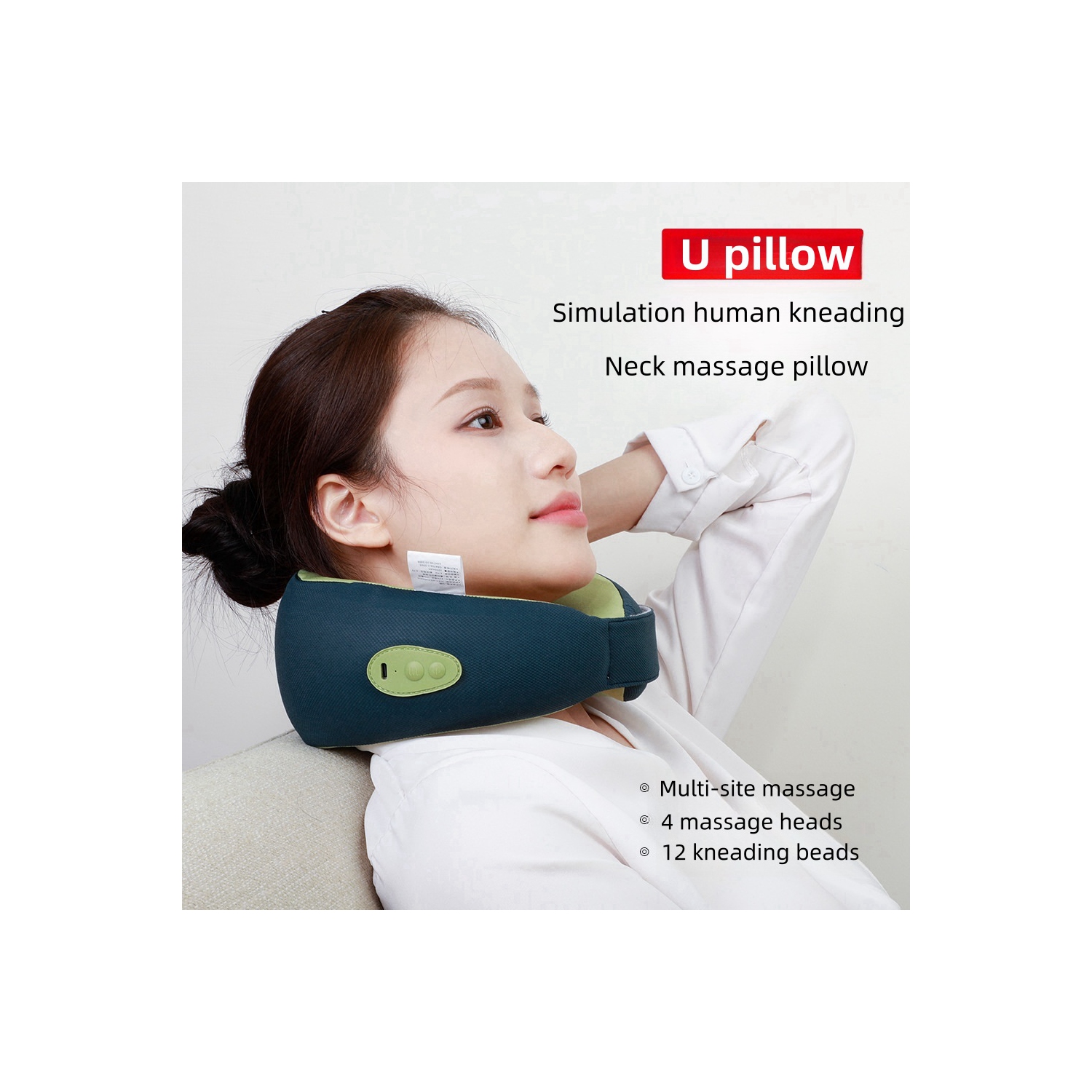 Nouvel appareil de massage cervical, chauffage pour voiture électrique pour la maison Coussin de massage en forme de U – vert pâle