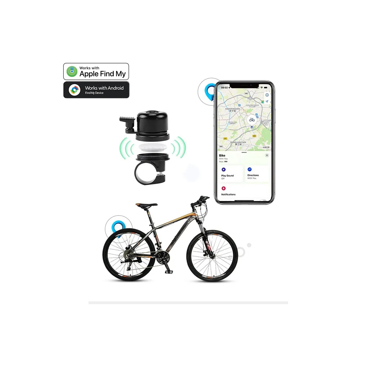 Sonnette antivol de positionnement de vélo, Klaxon anti-perte de positionnement Localiser mon positionnement, équipement de cyclisme - noir