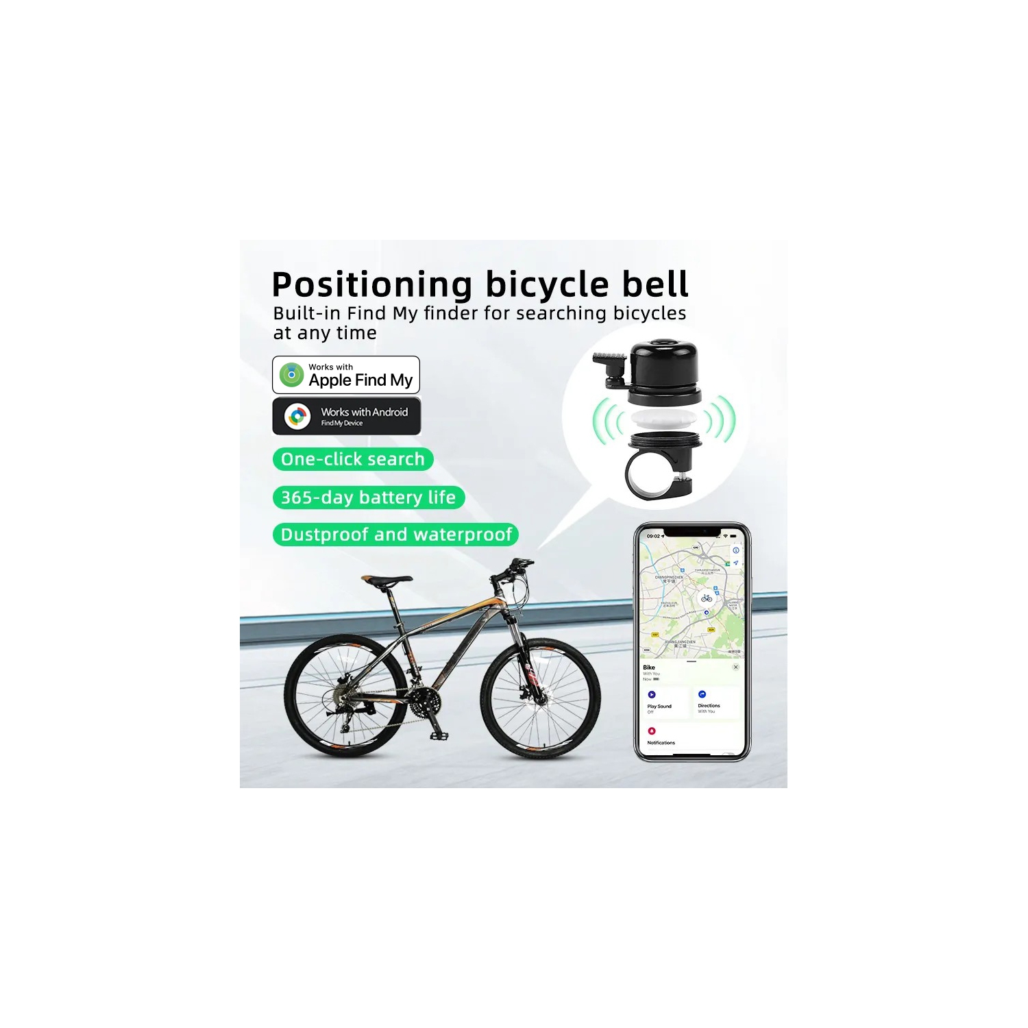 Sonnette antivol de positionnement de vélo, Klaxon anti-perte de positionnement Localiser mon positionnement, équipement de cyclisme - noir