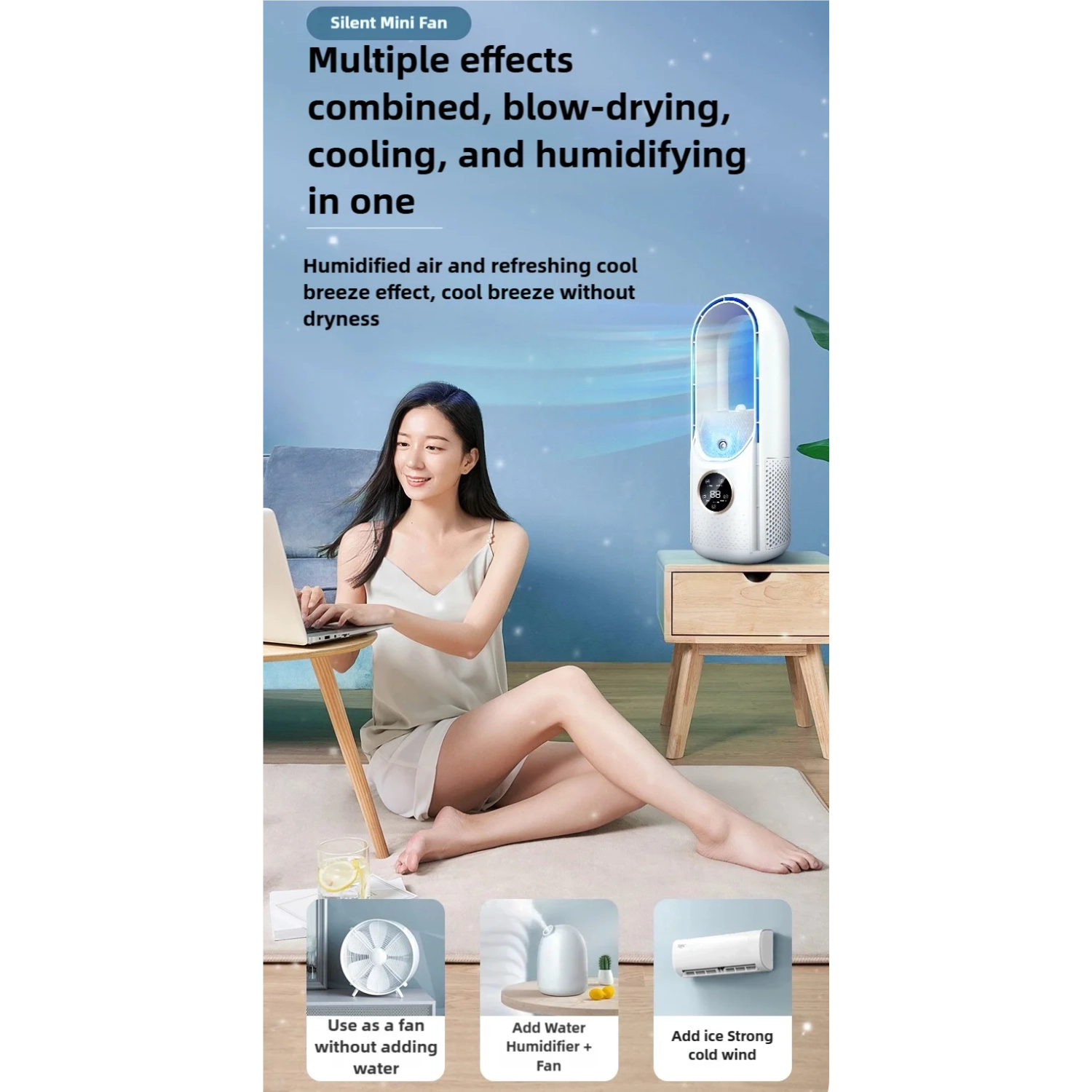 Ventilateur sans pales avec humidificateur et éclairage RVB, USB portatif et silencieux, mini ventilateur de bureau Home Creative - blanc