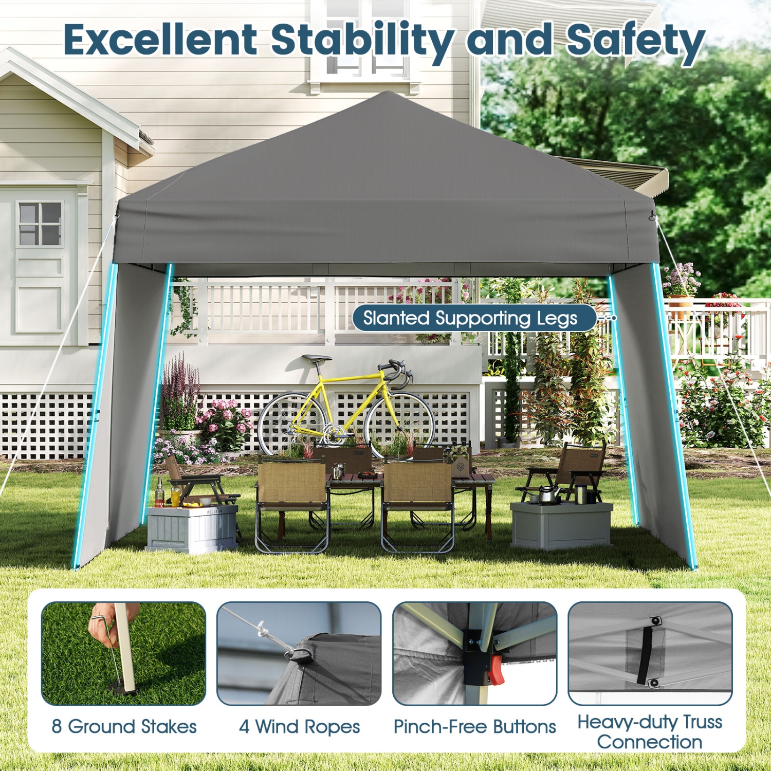 Gymax 14 X 9.2 FT Pop up Canopy Tent w/ 2 Convertible Sidewalls to Awning & Stakes