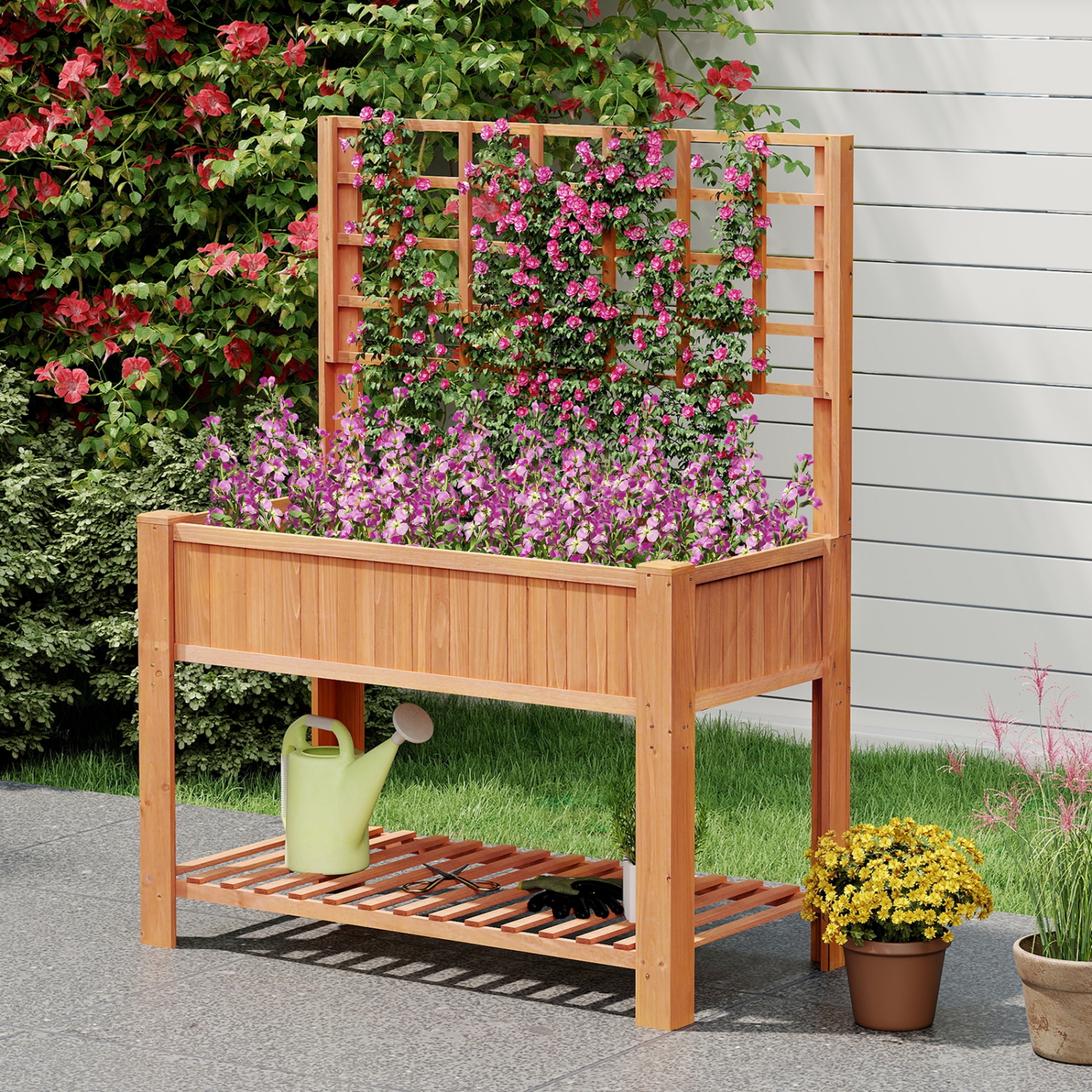 Gymax Raised Garden Bed w/ Trellis Wooden Elevated Planter Box w/ Legs & Liner Brown