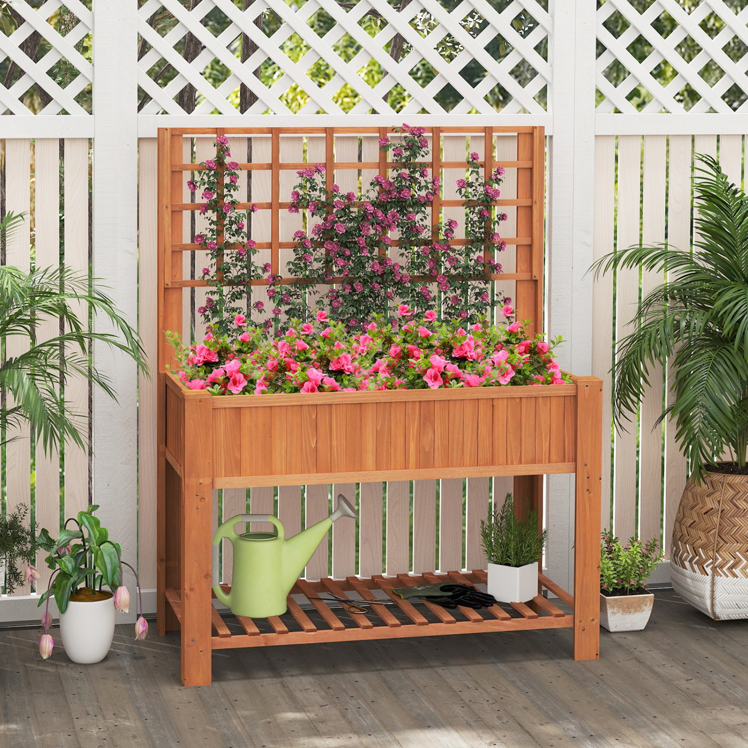 Gymax Raised Garden Bed w/ Trellis Wooden Elevated Planter Box w/ Legs & Liner Brown