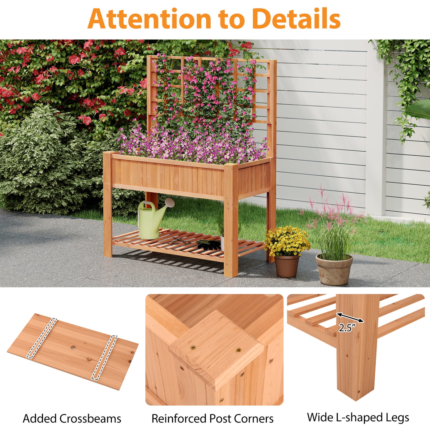 Gymax Raised Garden Bed w/ Trellis Wooden Elevated Planter Box w/ Legs & Liner Brown