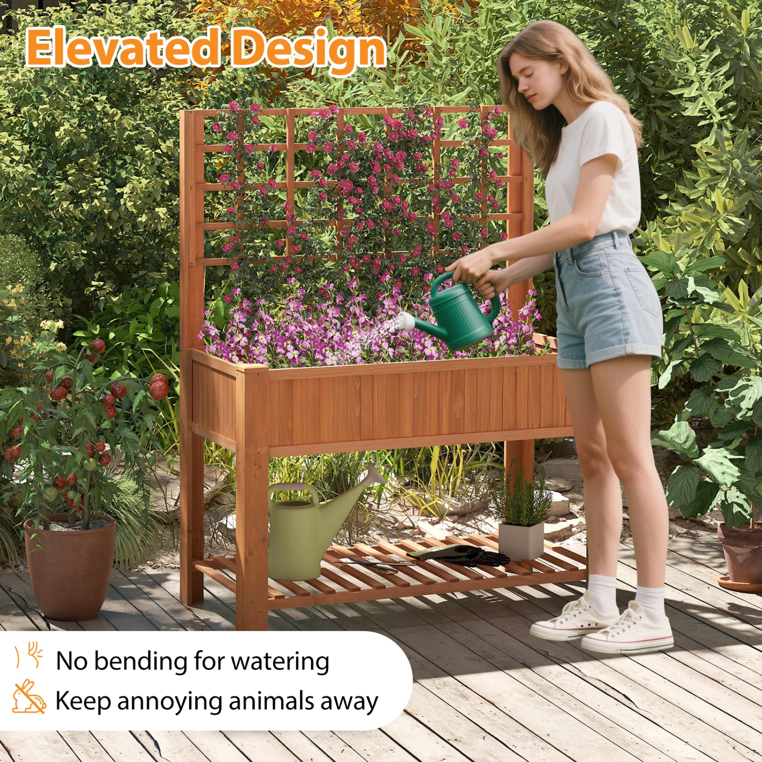 Gymax Raised Garden Bed w/ Trellis Wooden Elevated Planter Box w/ Legs & Liner Brown