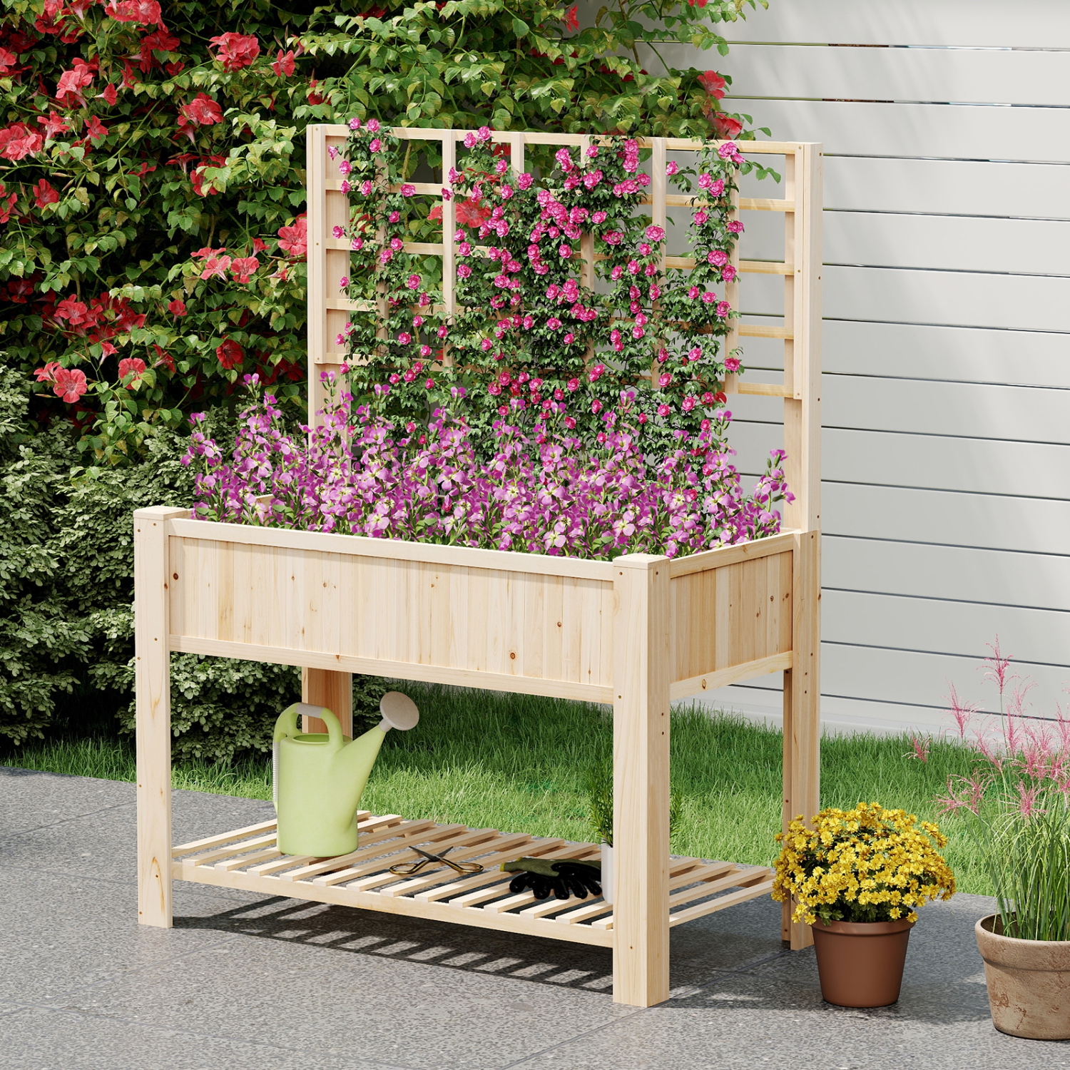 Gymax Raised Garden Bed w/ Trellis Wooden Elevated Planter Box w/ Legs & Liner Natural