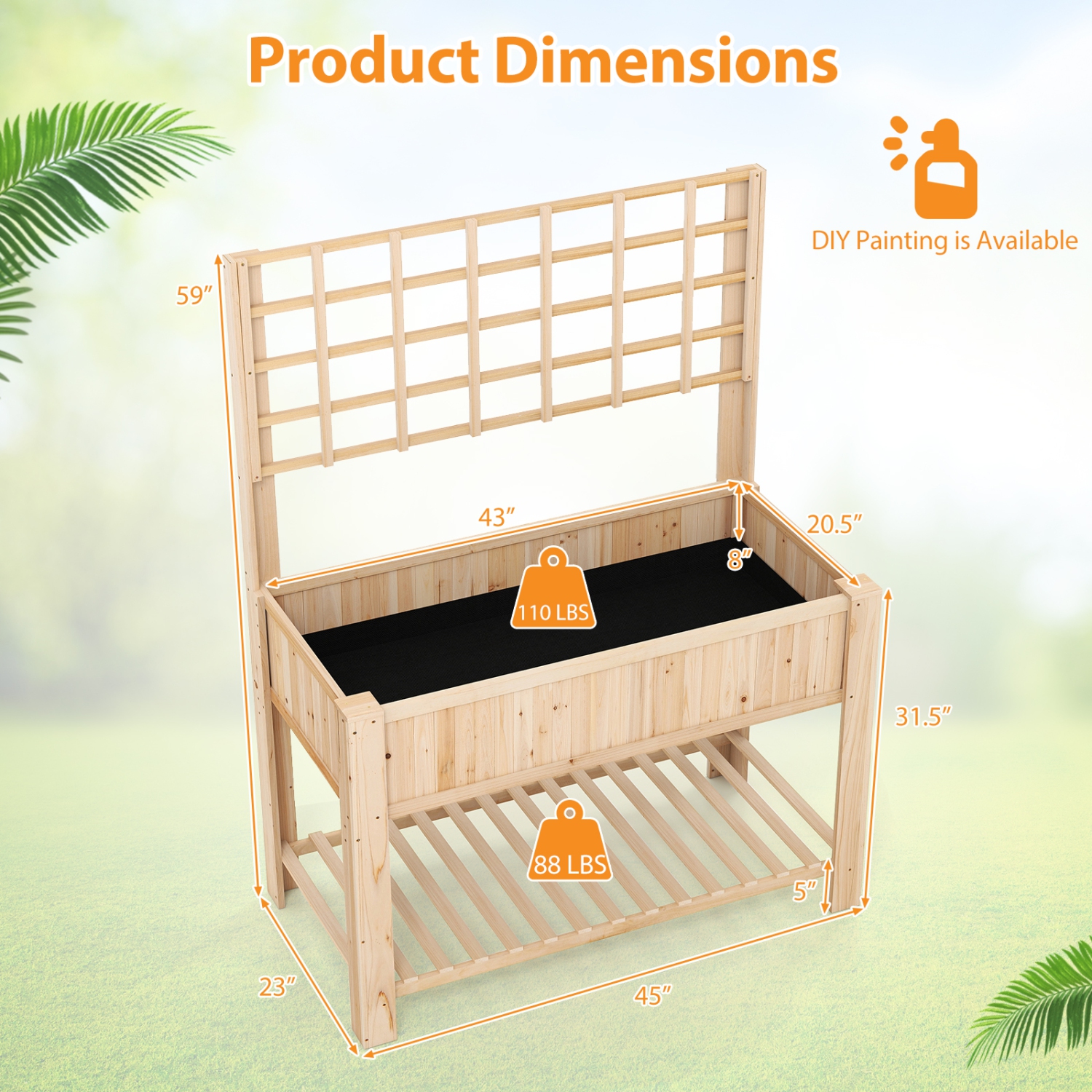 Gymax Raised Garden Bed w/ Trellis Wooden Elevated Planter Box w/ Legs & Liner Natural