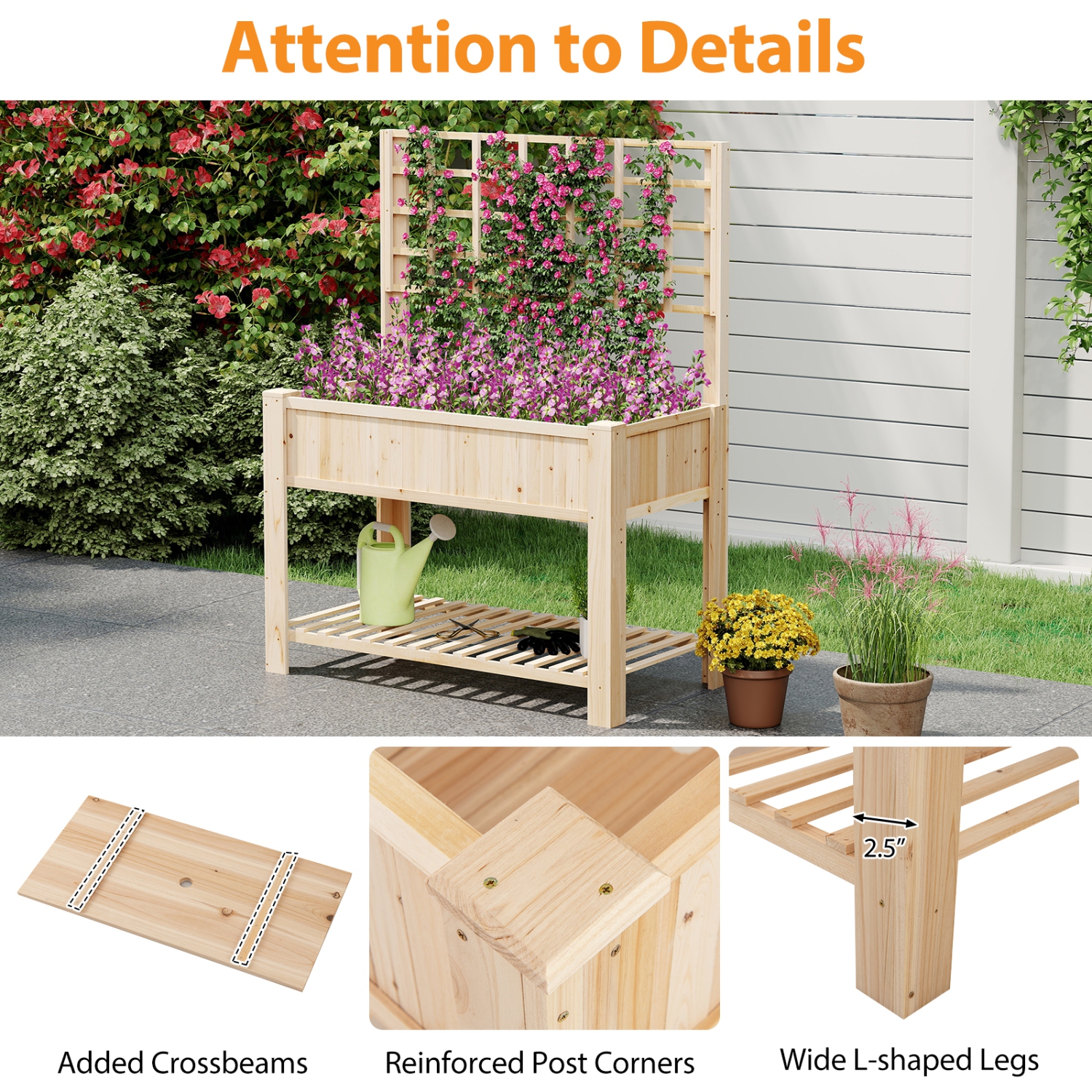 Gymax Raised Garden Bed w/ Trellis Wooden Elevated Planter Box w/ Legs & Liner Natural