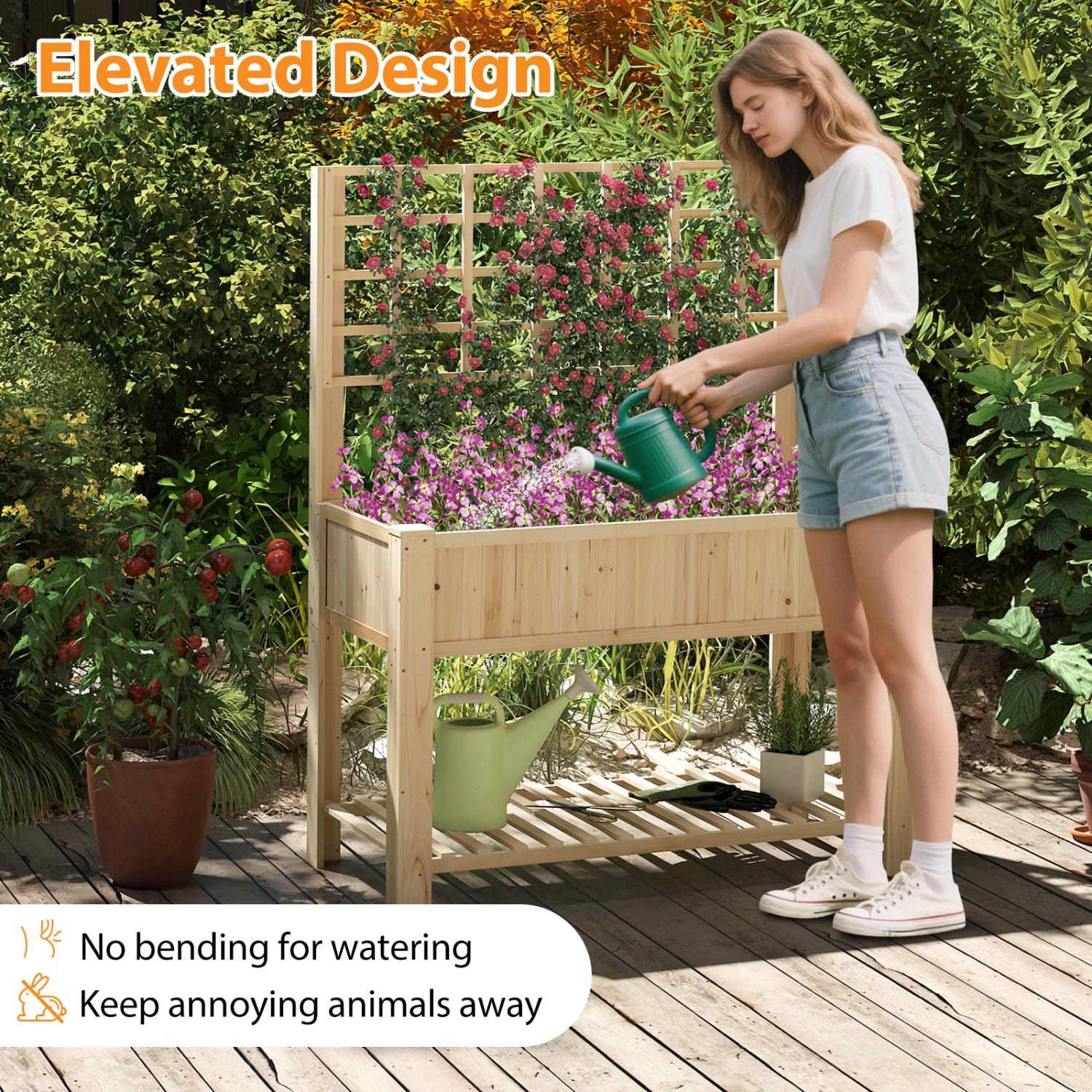 Gymax Raised Garden Bed w/ Trellis Wooden Elevated Planter Box w/ Legs & Liner Natural