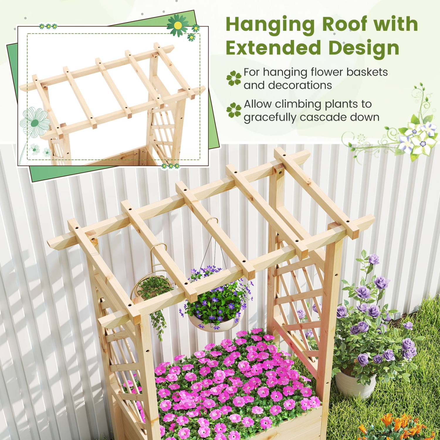 Gymax 2PCS Wooden Raised Garden Bed/ Lattice Trellises Hanging Roof Drainage Outdoor