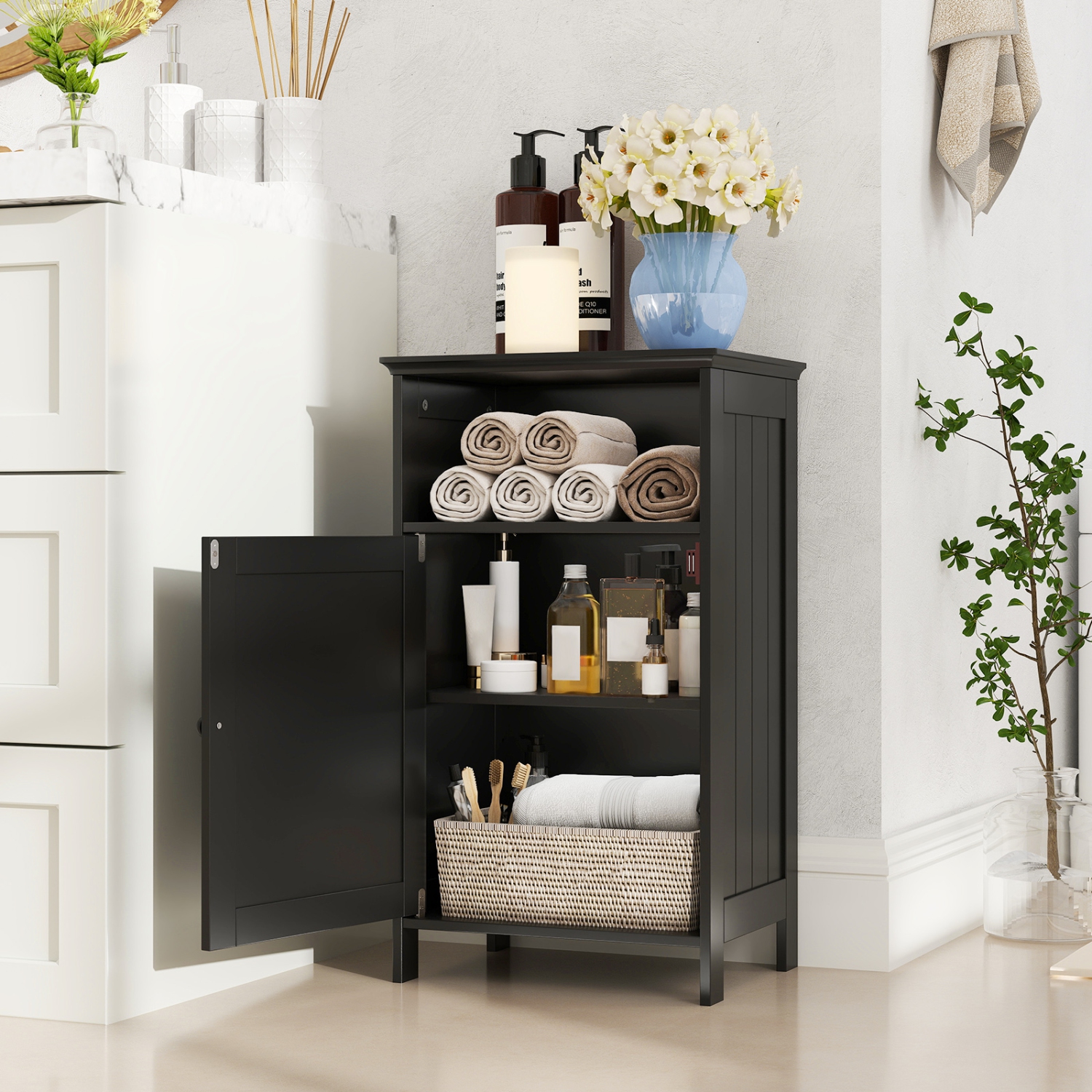 Gymax Bathroom Floor Storage Cabinet Side Table w/ Open Compartment & Adjustable Shelf