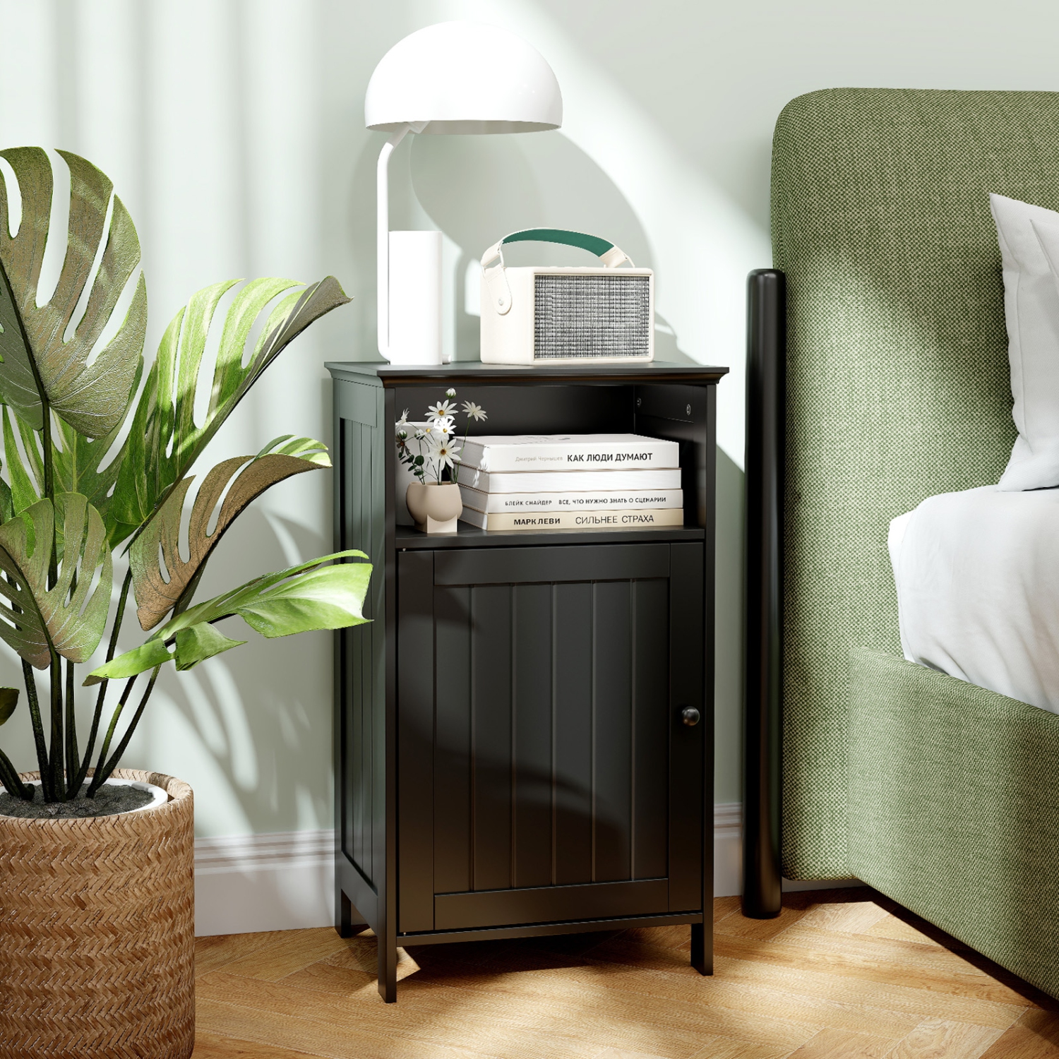 Gymax Bathroom Floor Storage Cabinet Side Table w/ Open Compartment & Adjustable Shelf