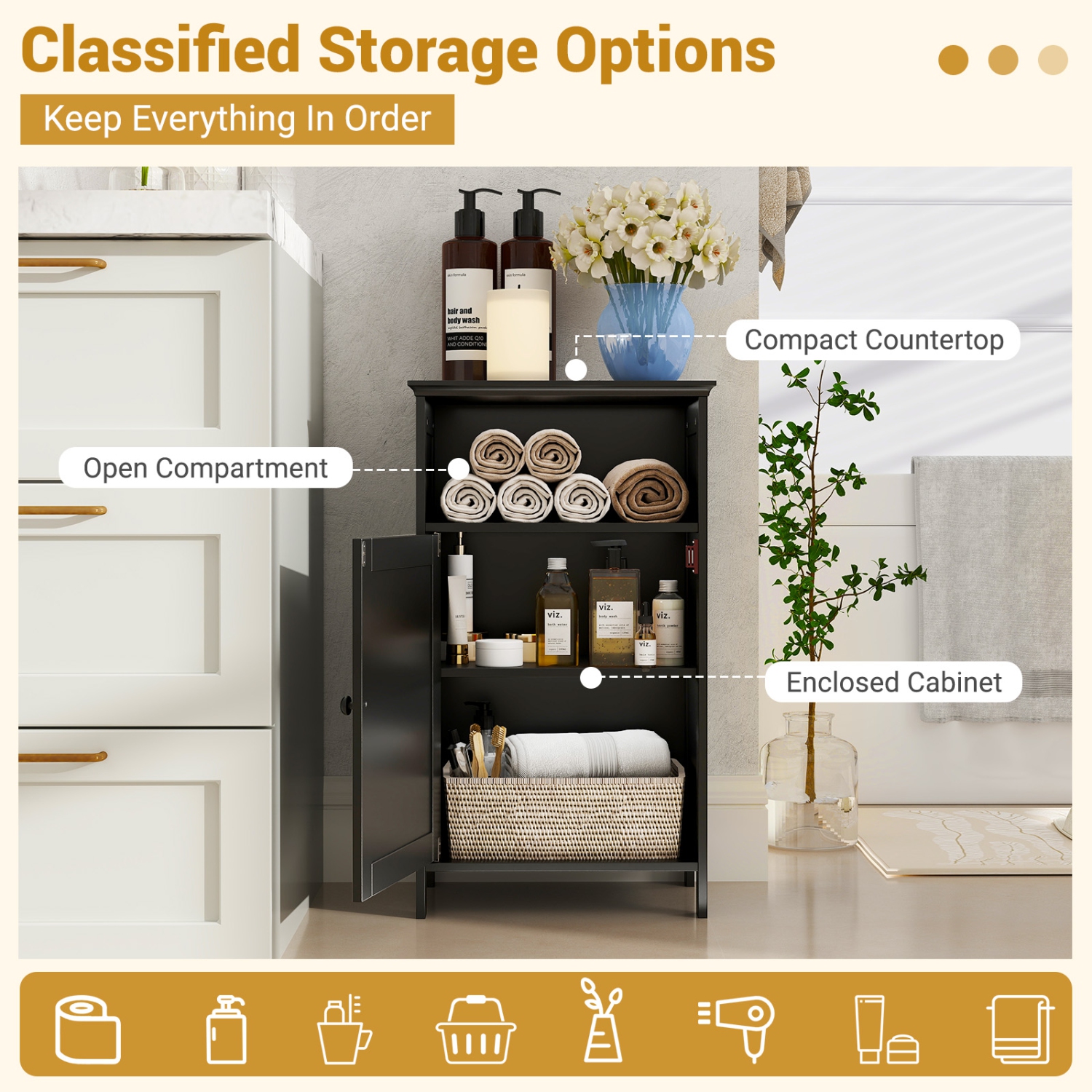 Gymax Bathroom Floor Storage Cabinet Side Table w/ Open Compartment & Adjustable Shelf