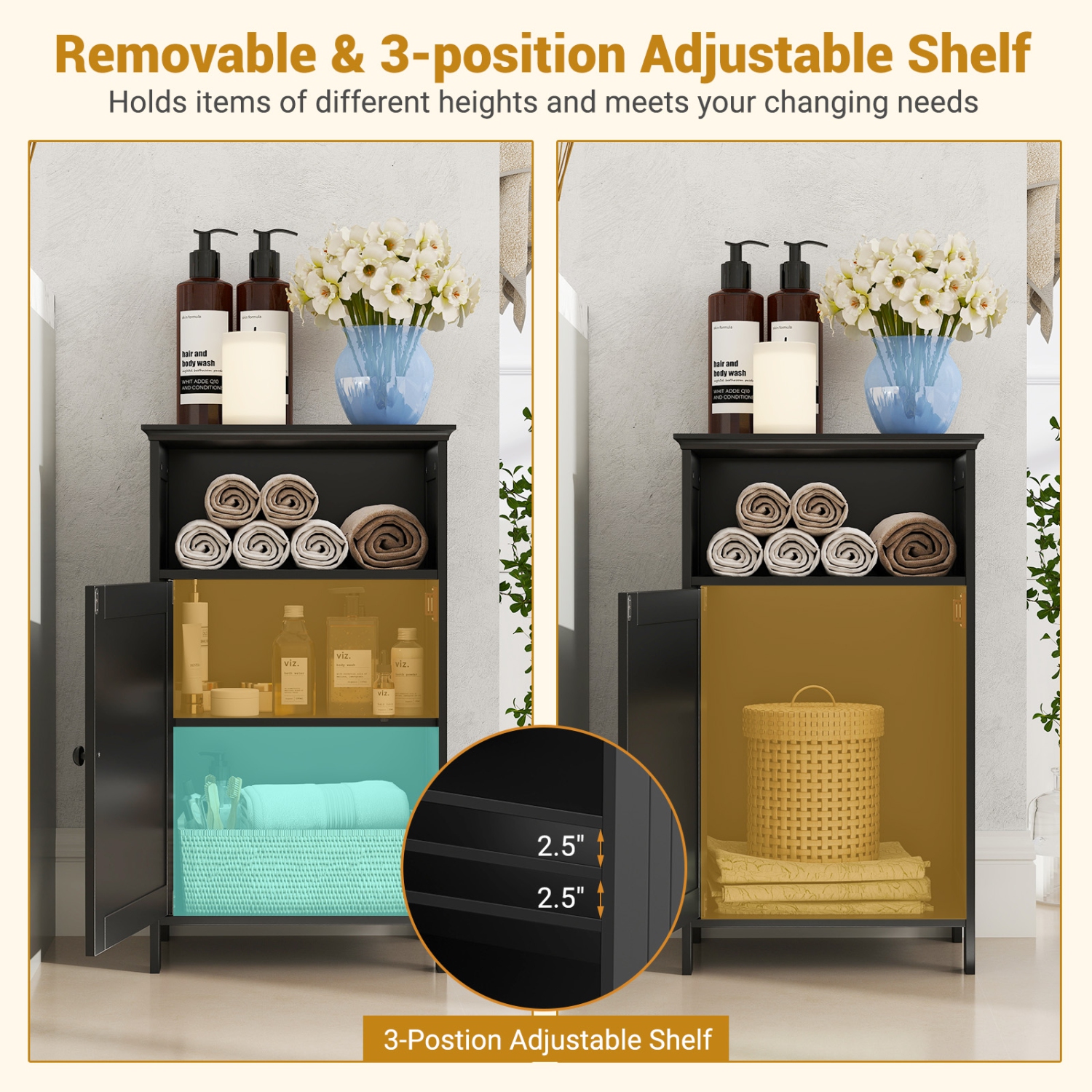 Gymax Bathroom Floor Storage Cabinet Side Table w/ Open Compartment & Adjustable Shelf
