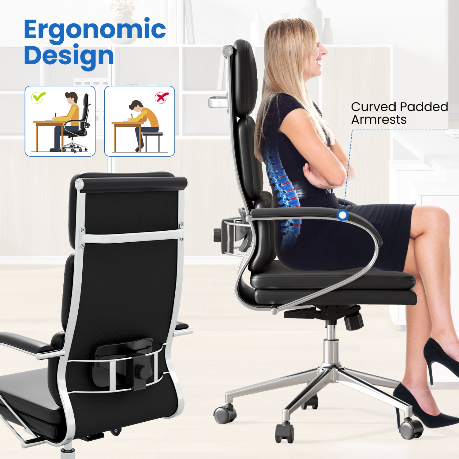 Gymax Ergonomic Leather Office Chair Executive Chair w/ Adjustable Lumbar Support