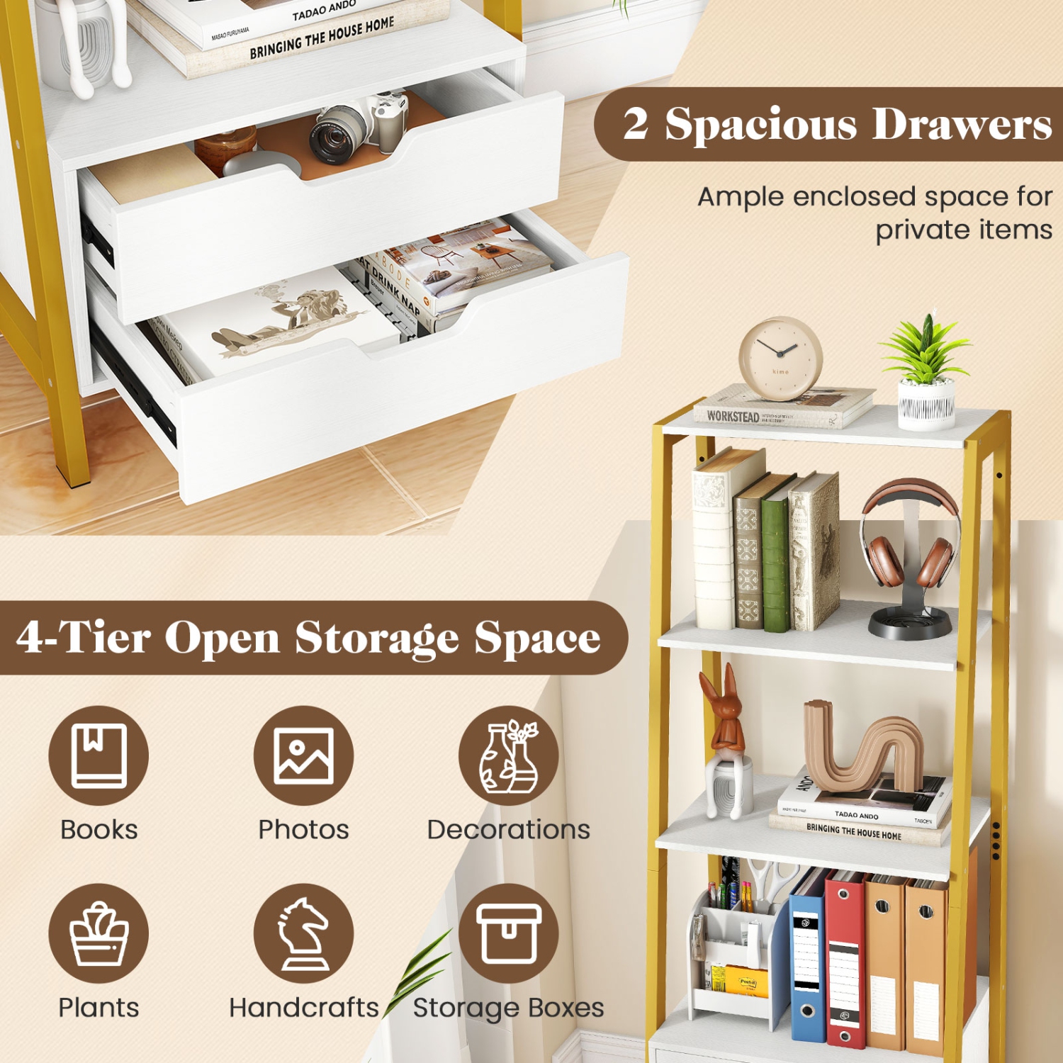 Gymax 4-tier Bookshelf w/ 2 Storage Drawers Sturdy Metal Frame Anti-toppling Devices