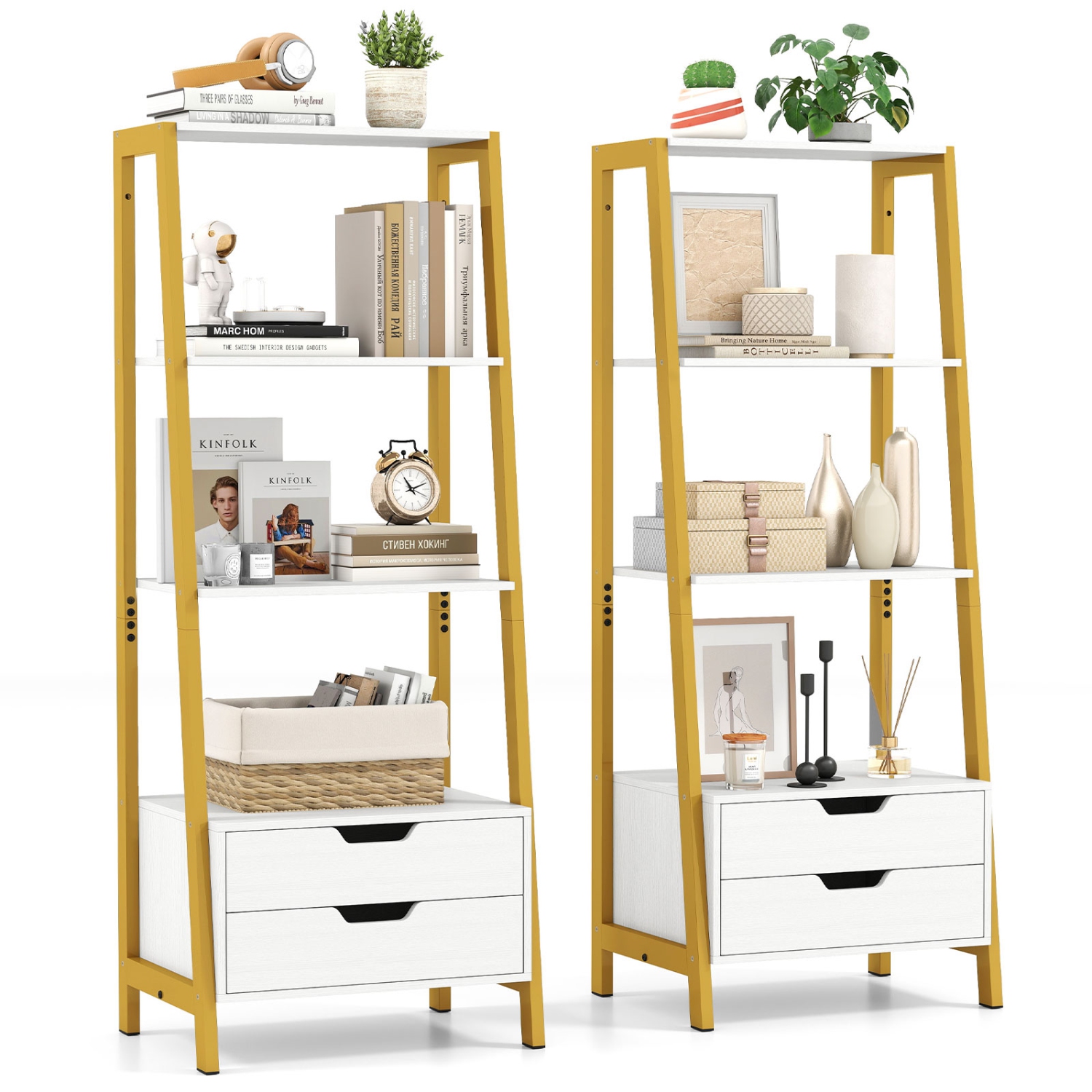 Gymax 2PCS Bookshelf w/ 2 Storage Drawers Sturdy Metal Frame Anti-toppling Devices
