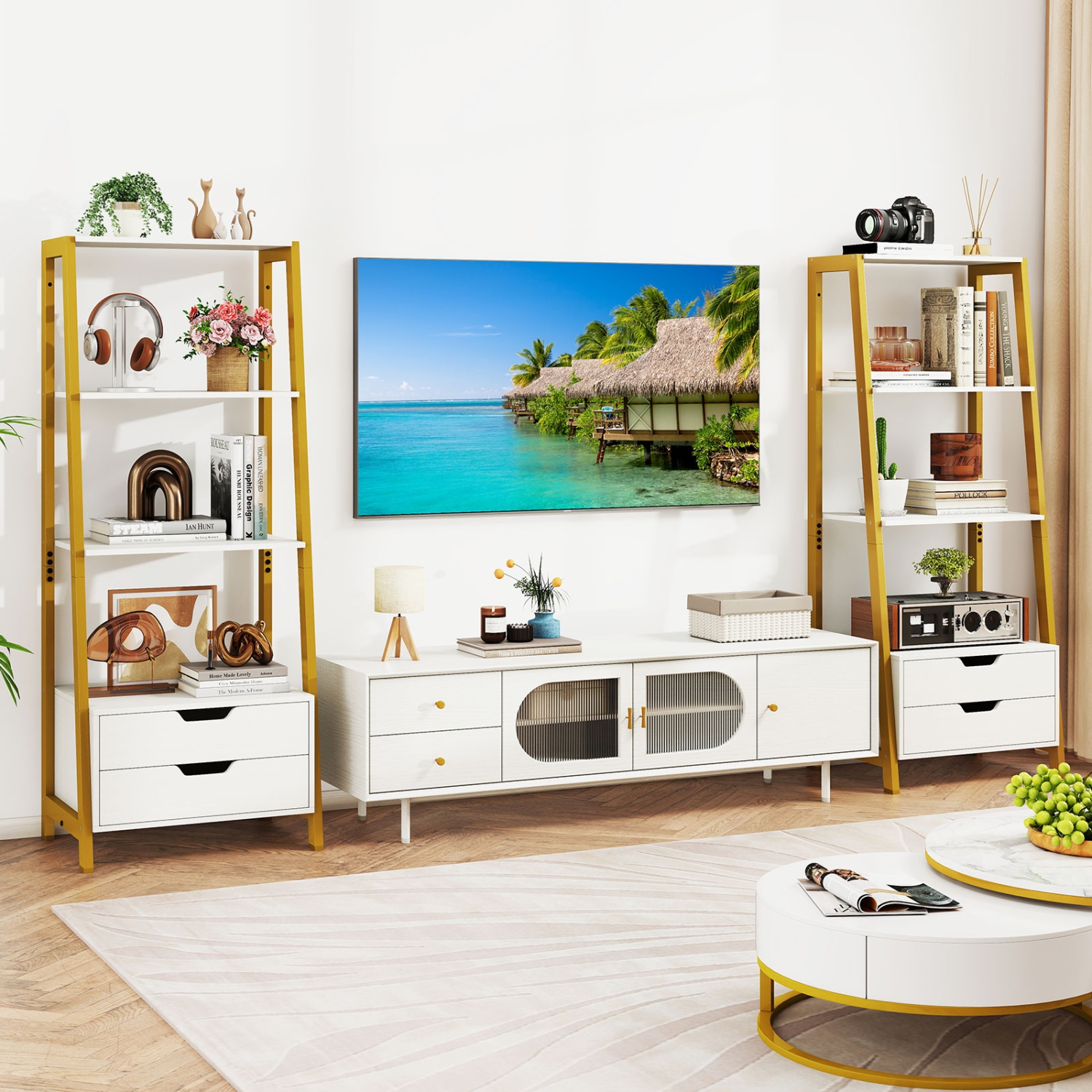 Gymax 2PCS Bookshelf w/ 2 Storage Drawers Sturdy Metal Frame Anti-toppling Devices