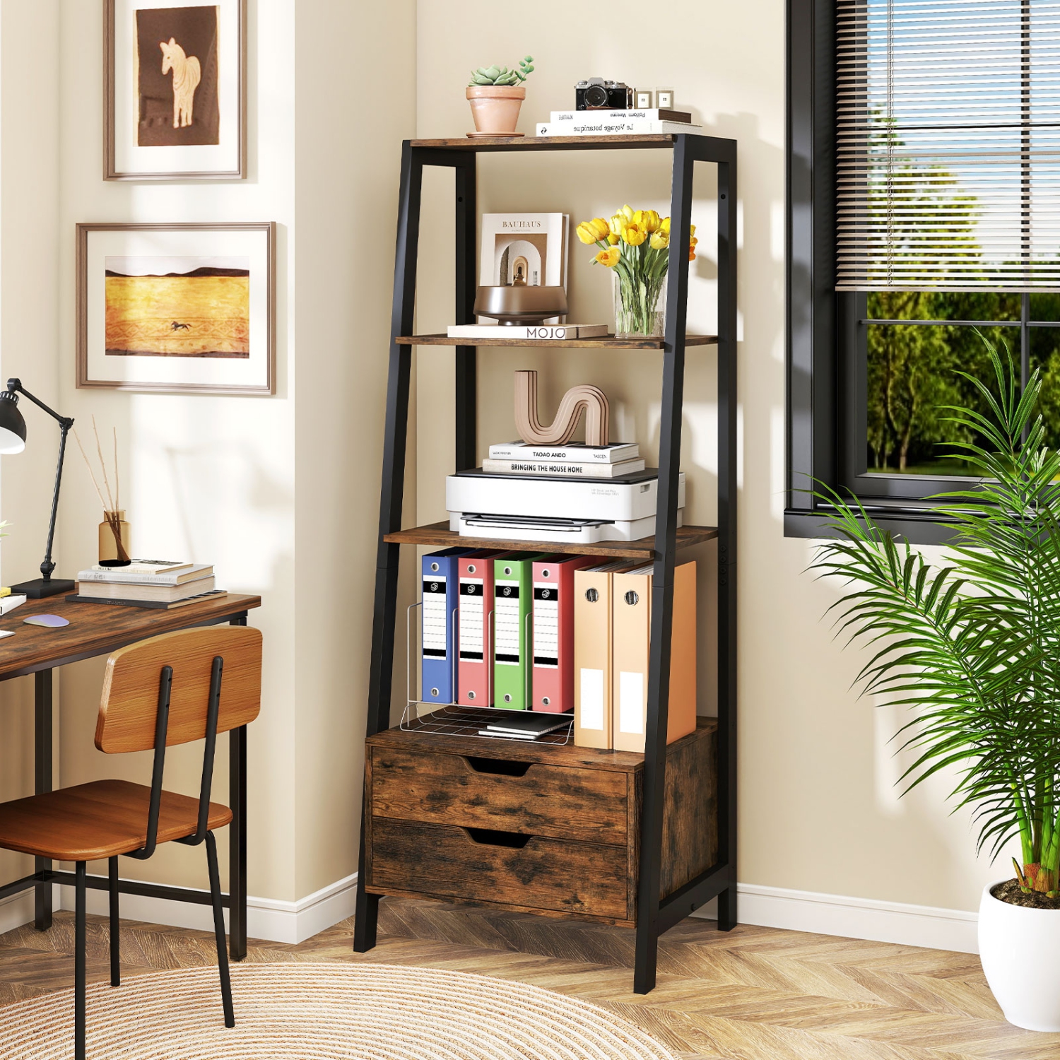 Gymax 4-tier Bookshelf w/ 2 Storage Drawers Sturdy Metal Frame Anti-toppling Devices