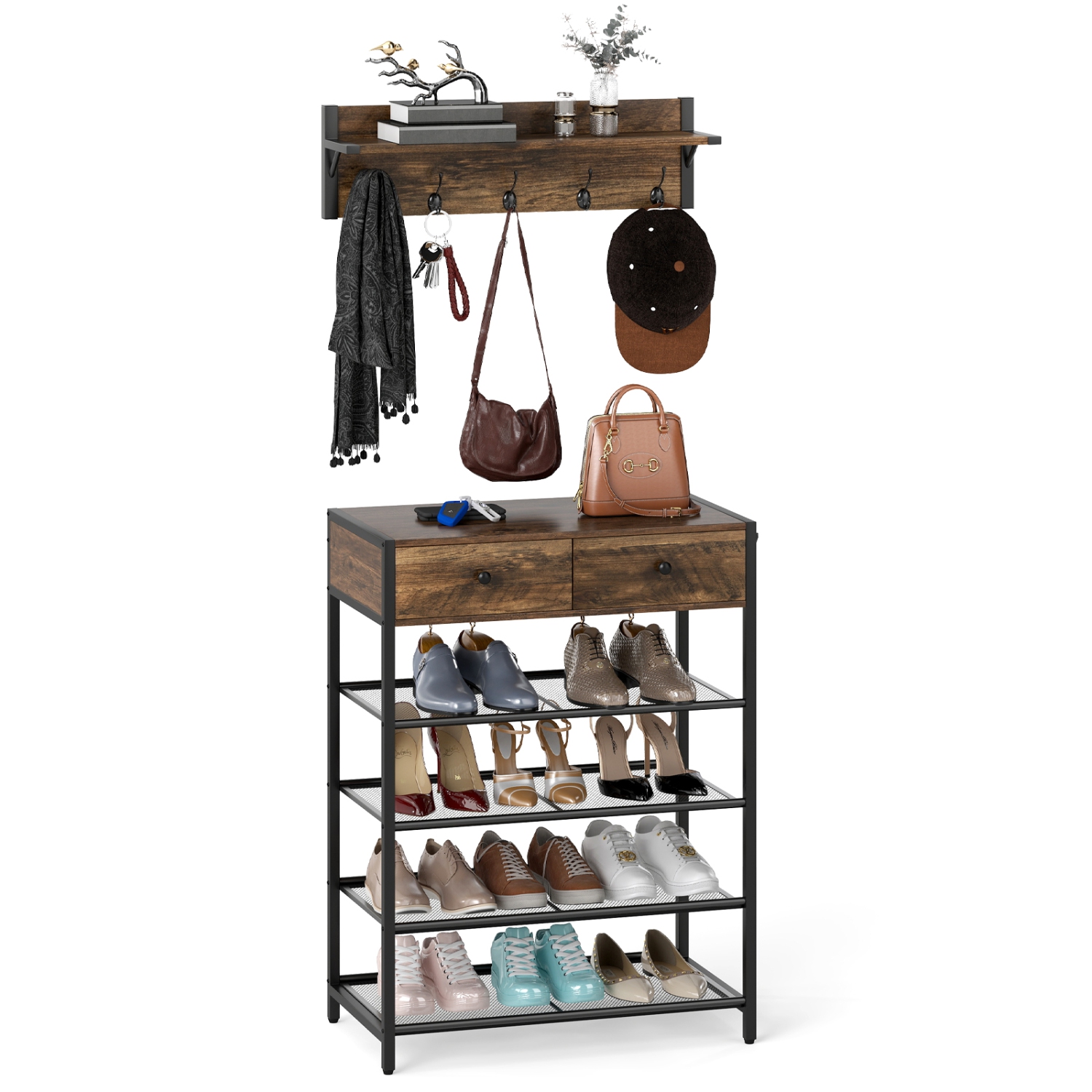 Gymax 5-Tier Shoe Rack w/ Wall-Mounted Coat Rack Hooks Drawers & Shelves for Bedroom