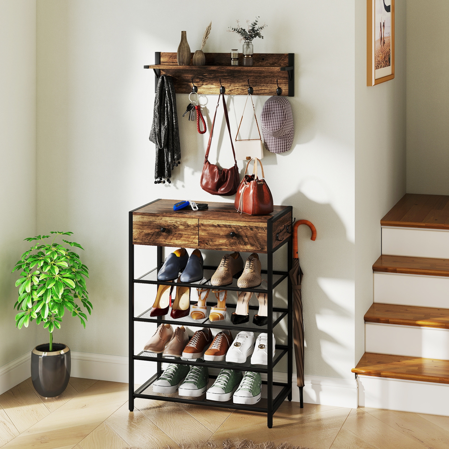 Gymax 5-Tier Shoe Rack w/ Wall-Mounted Coat Rack Hooks Drawers & Shelves for Bedroom
