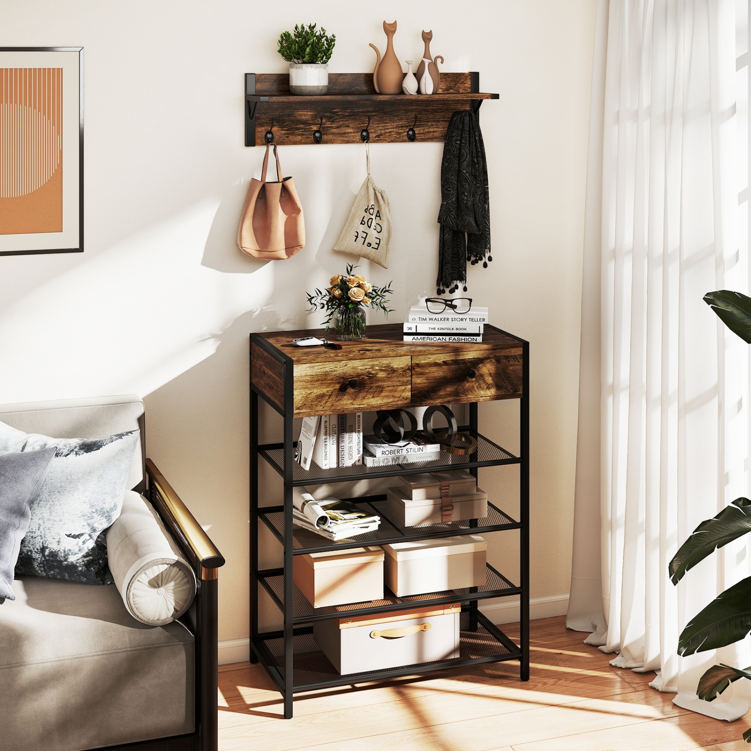 Gymax 5-Tier Shoe Rack w/ Wall-Mounted Coat Rack Hooks Drawers & Shelves for Bedroom