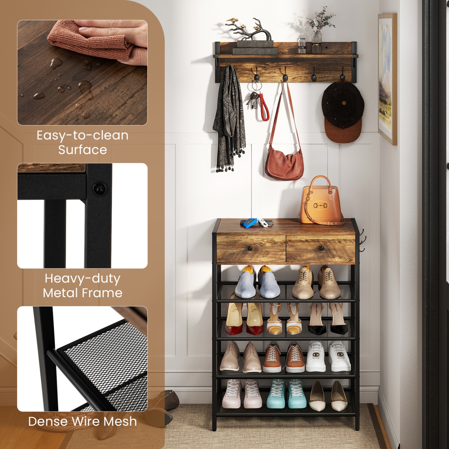 Gymax 5-Tier Shoe Rack w/ Wall-Mounted Coat Rack Hooks Drawers & Shelves for Bedroom