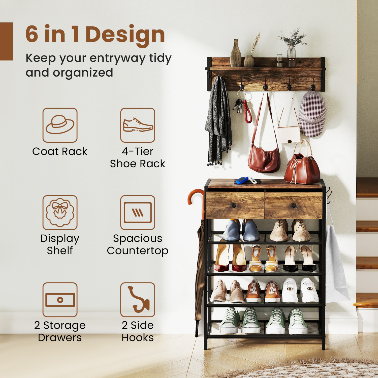 Gymax 5-Tier Shoe Rack w/ Wall-Mounted Coat Rack Hooks Drawers & Shelves for Bedroom