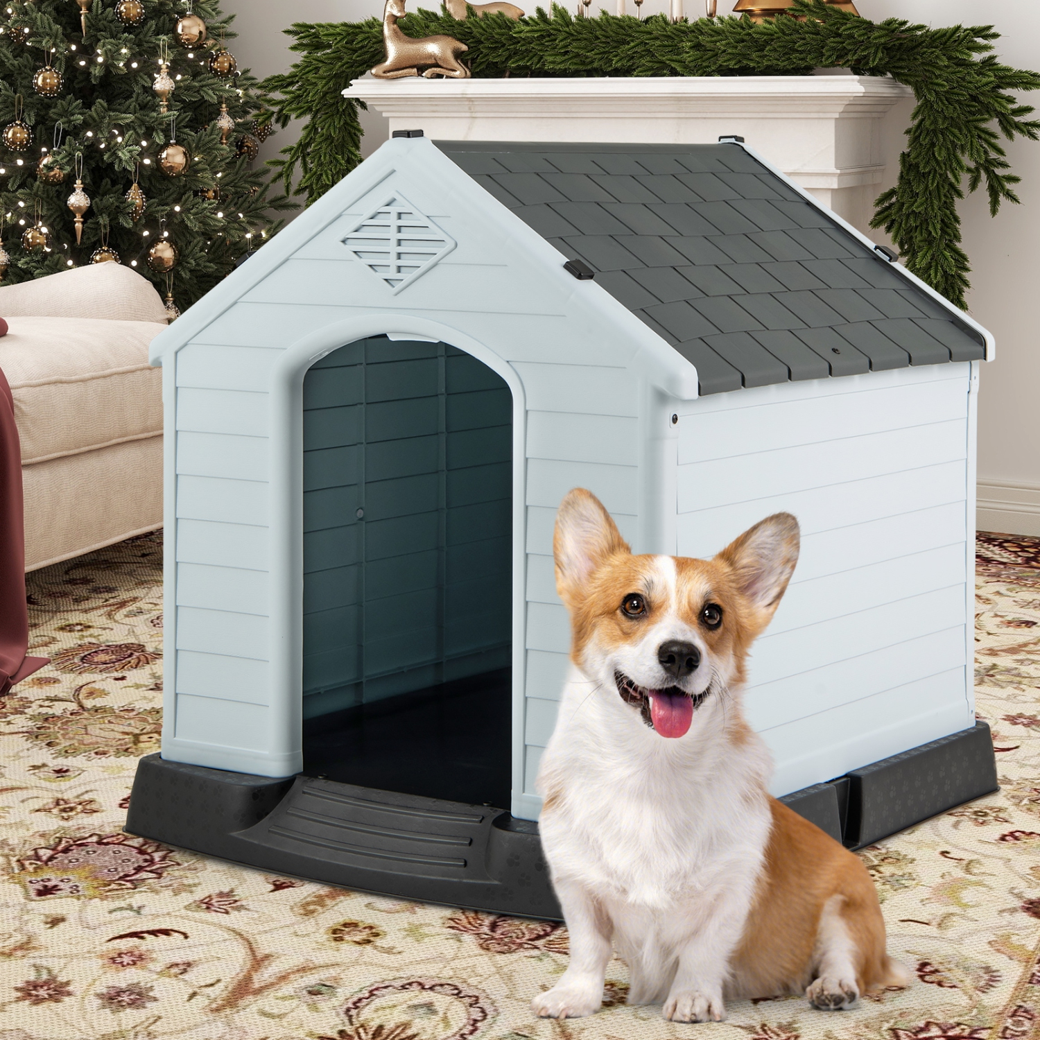 Gymax Dog House Pet Puppy Shelter Waterproof Indoor/Outdoor Ventilate Gray