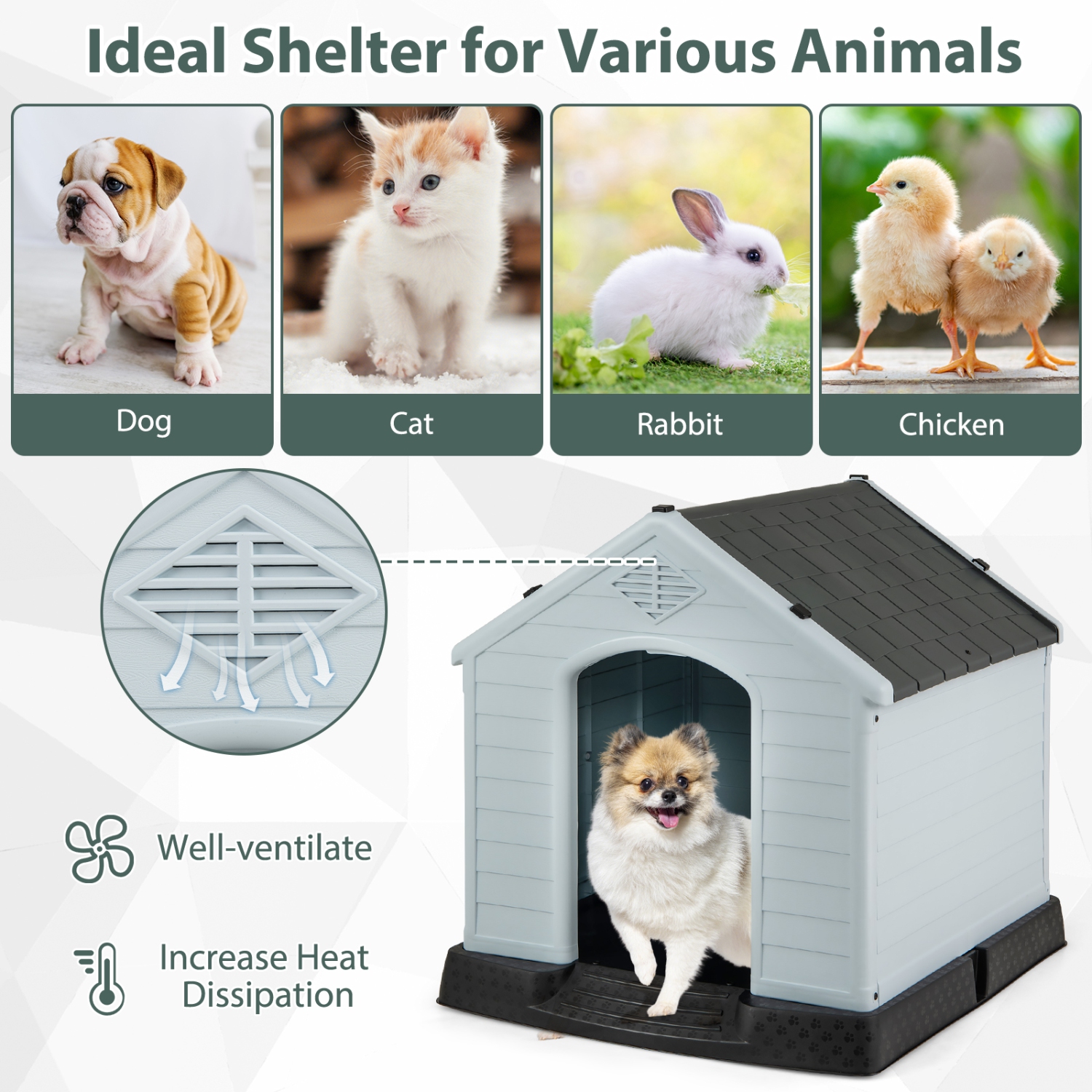 Gymax Dog House Pet Puppy Shelter Waterproof Indoor/Outdoor Ventilate Gray