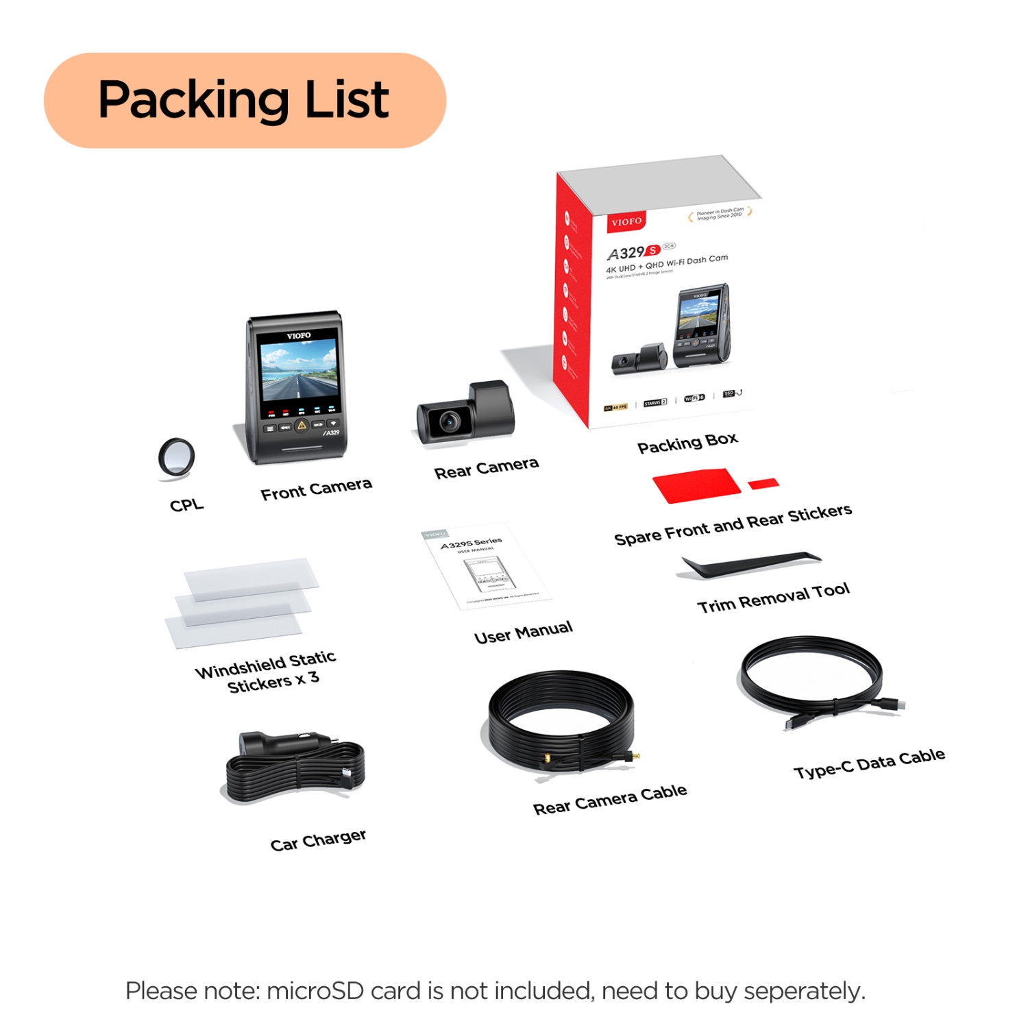 Caméra de tableau de bord avant 4K UHD 60 ips 2 canaux A329S et caméra arrière QHD 2K de VIOFO avec Wi-Fi 6, STARVIS 2 de Sony, compatible SSD