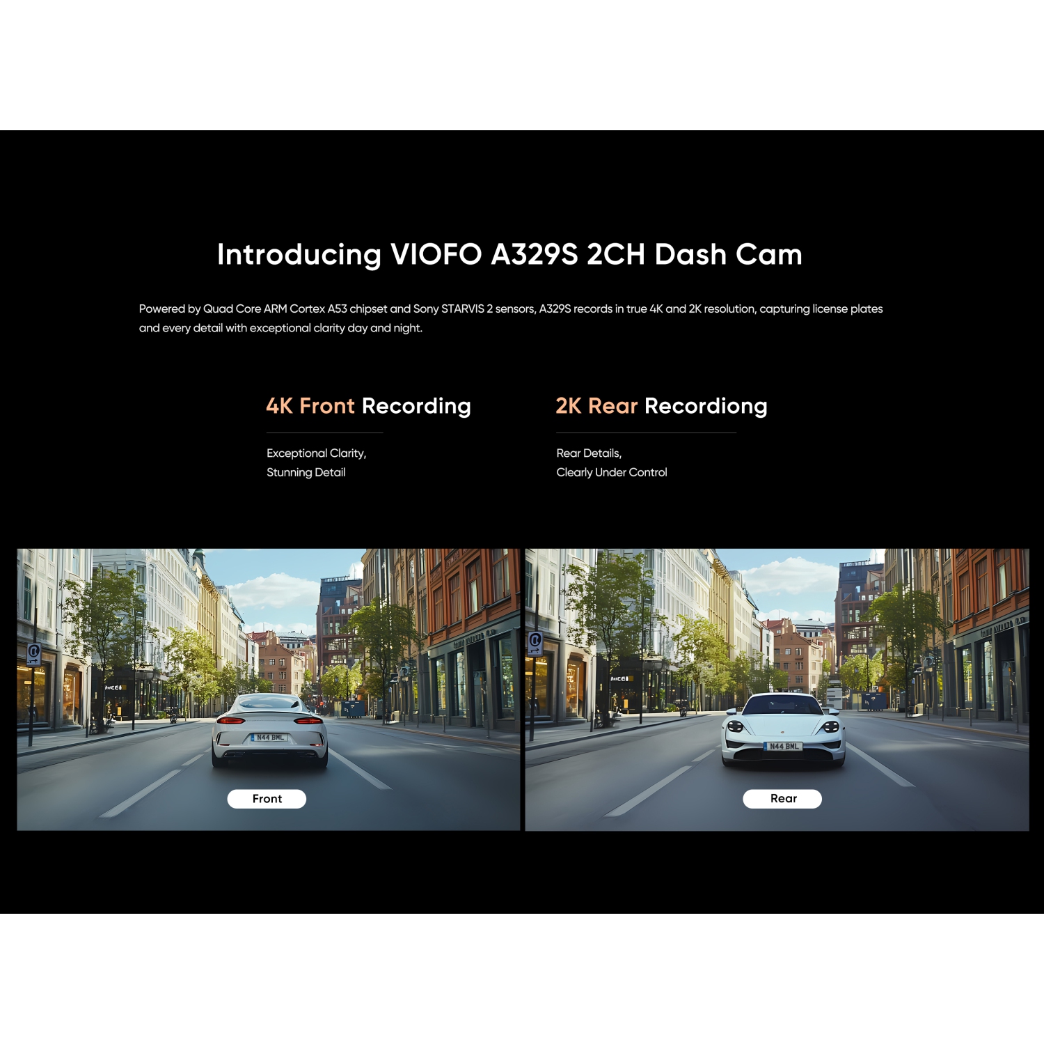 Caméra de tableau de bord avant 4K UHD 60 ips 2 canaux A329S et caméra arrière QHD 2K de VIOFO avec Wi-Fi 6, STARVIS 2 de Sony, compatible SSD
