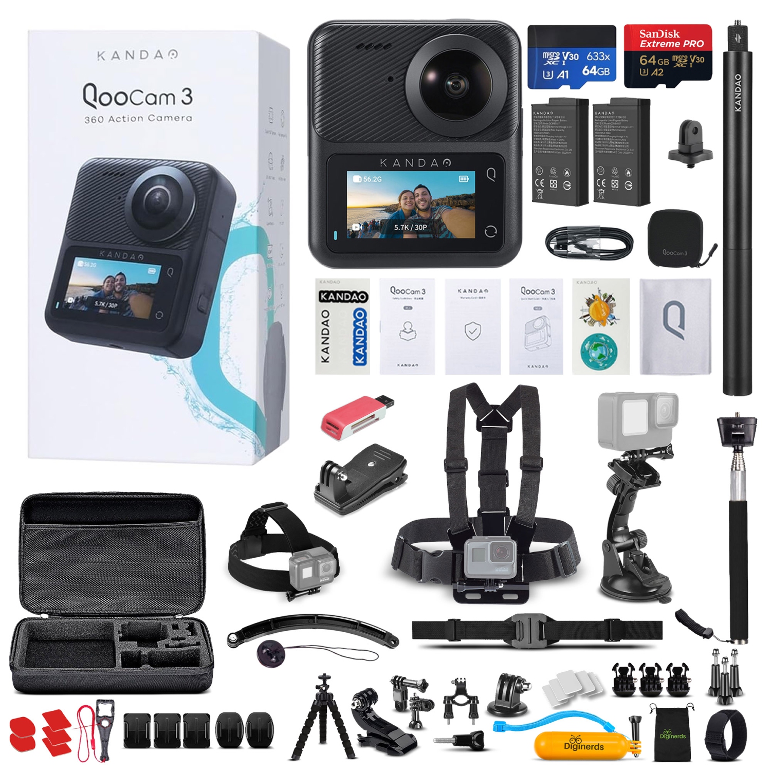 KanDao QooCam 3 360 Camera Travel Combo + 64GB Card + 50in1 Action Kit + More