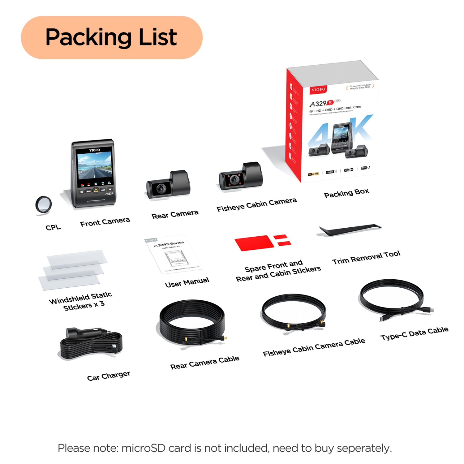 Caméra de tableau de bord avant QHD/arrière UHD 4K 2K 3 canaux A329S de VIOFO avec Wi-Fi 6, STARVIS 2 de Sony, compatible SSD