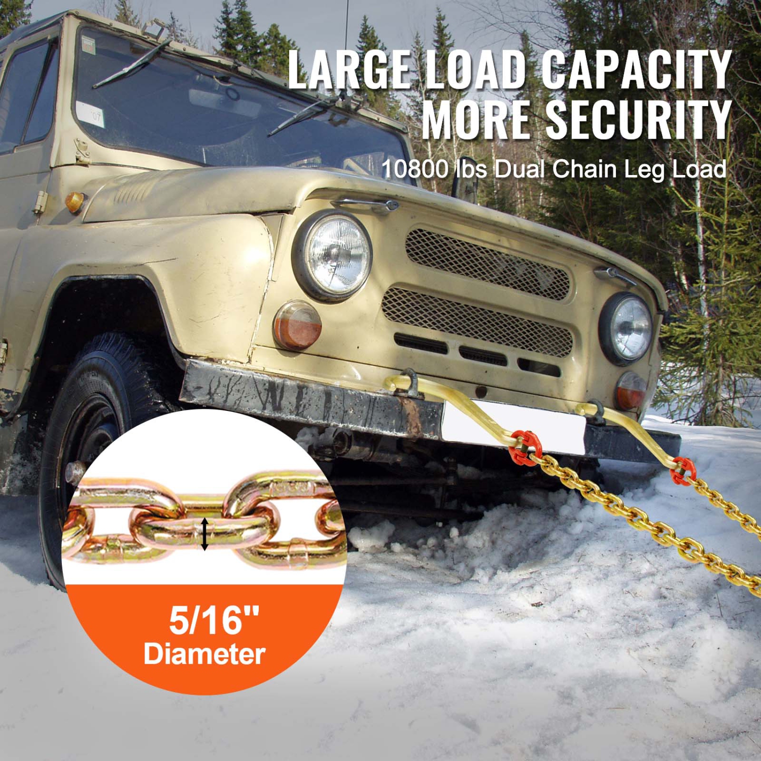 VEVOR G80 V Bridle Chain, 5/16" x 2' Towing Chain Bridle with 15" J Hooks and Grab Hooks, Heavy Duty Transport Tow Chain Bridle with 10800 lbs Safe