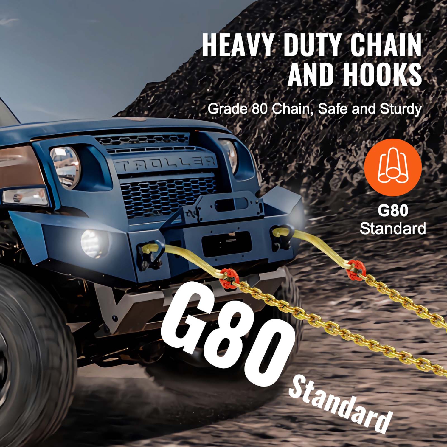 VEVOR G80 V Bridle Chain, 5/16" x 2' Towing Chain Bridle with 15" J Hooks and Grab Hooks, Heavy Duty Transport Tow Chain Bridle with 10800 lbs Safe