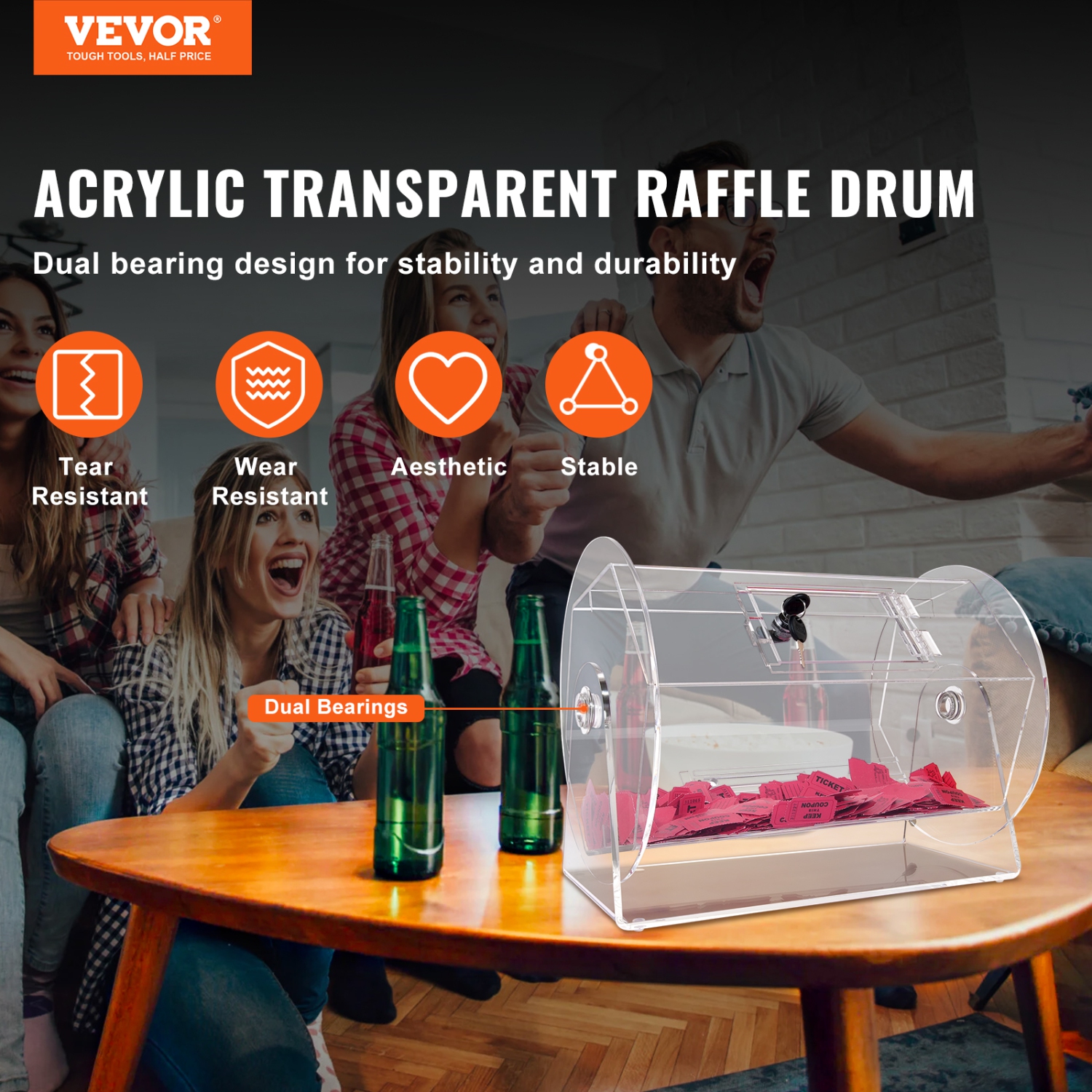VEVOR 5000 Tickets Acrylic Raffle Drum,Professional Raffle Ticket Spinning Cage with 2 Keys, Transparent Lottery Spinning Drawing, Holds 200 Raffle
