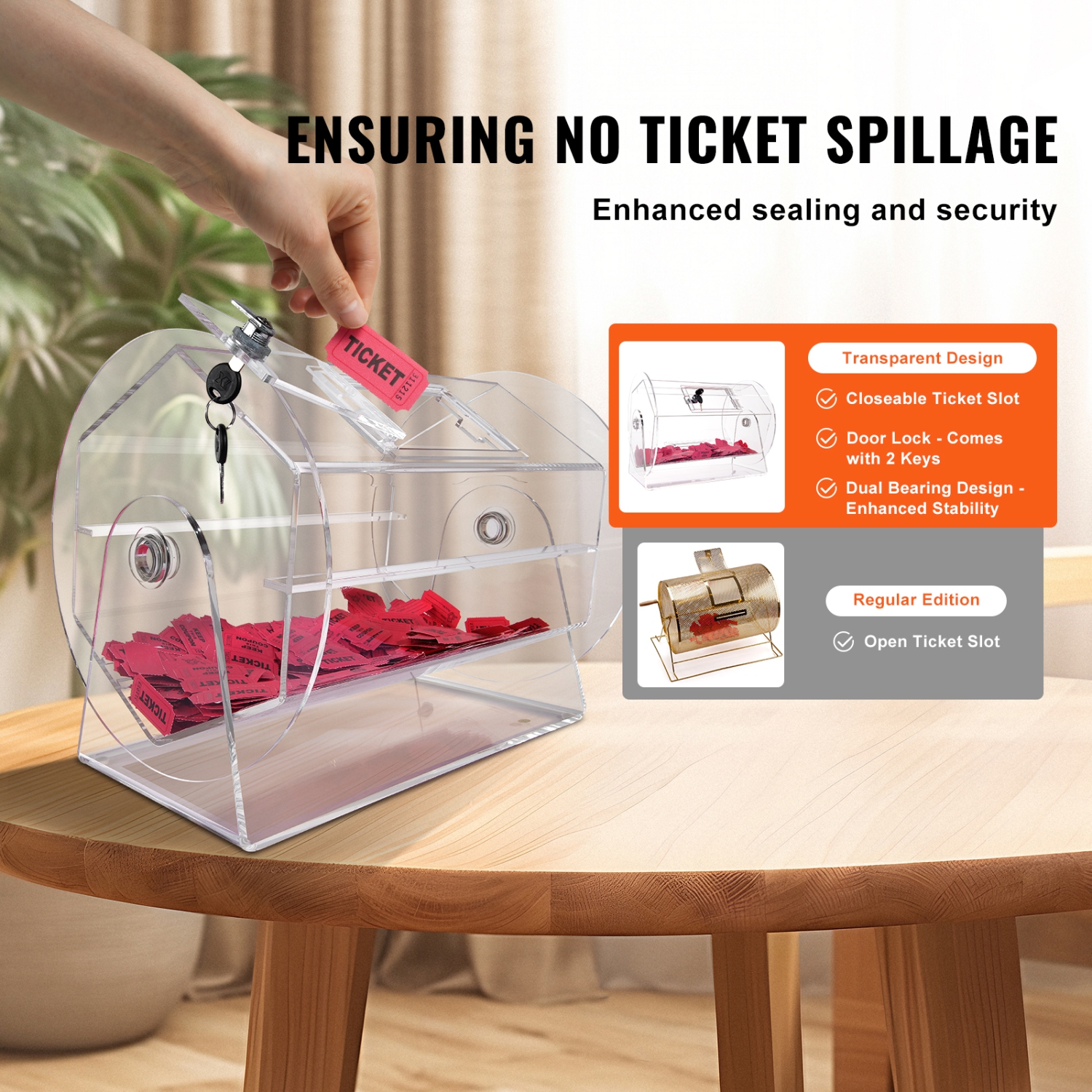 VEVOR 5000 Tickets Acrylic Raffle Drum,Professional Raffle Ticket Spinning Cage with 2 Keys, Transparent Lottery Spinning Drawing, Holds 200 Raffle