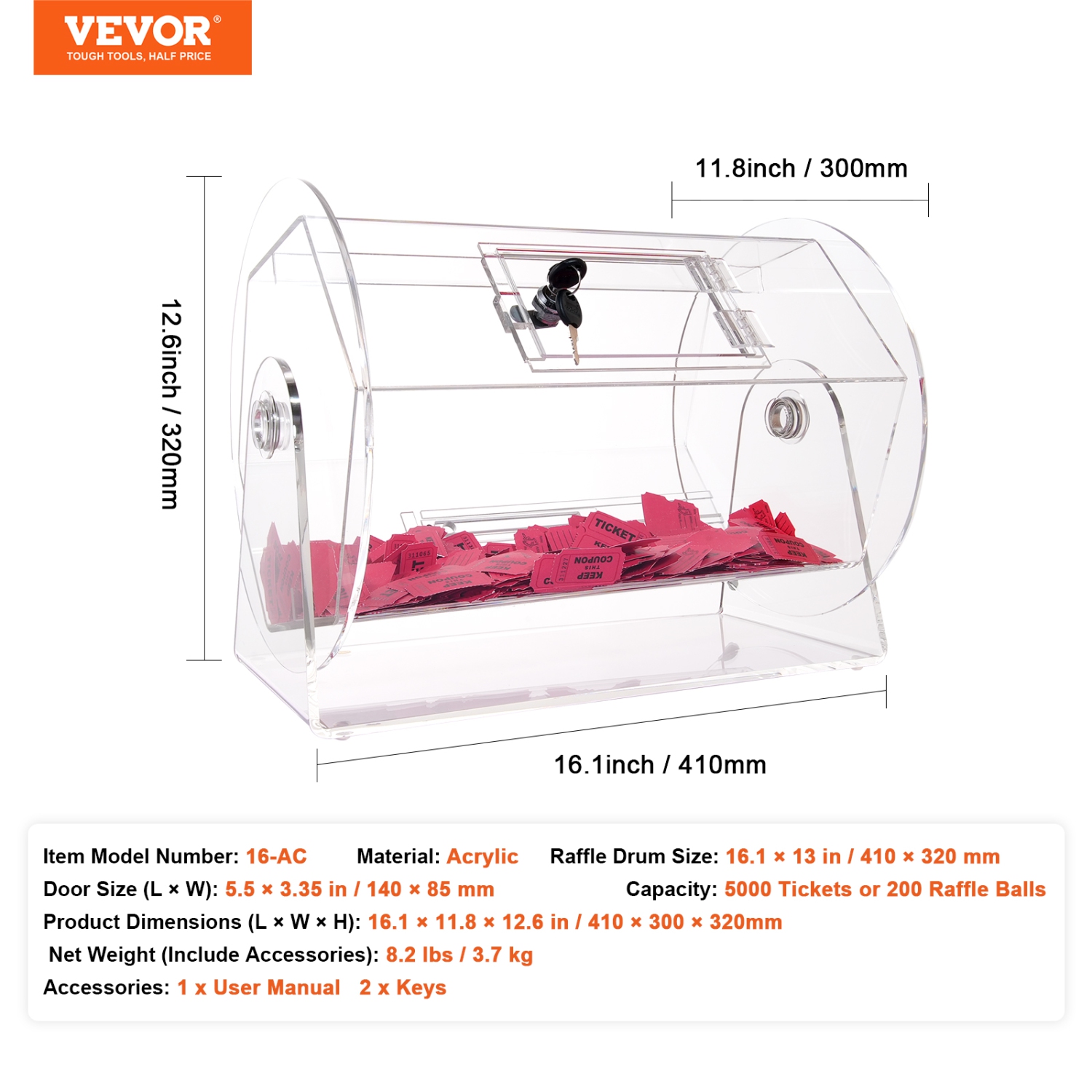 VEVOR 5000 Tickets Acrylic Raffle Drum,Professional Raffle Ticket Spinning Cage with 2 Keys, Transparent Lottery Spinning Drawing, Holds 200 Raffle