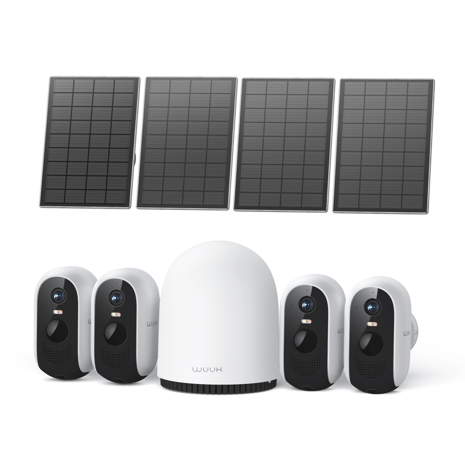 WUUK Solar Security Camera Outdoor Wireless, Homebase + 4 Cameras, Forever Power, 32GB Storage, No Monthly Fees, Night Vision, 2.4/5 GHz WiFi,
