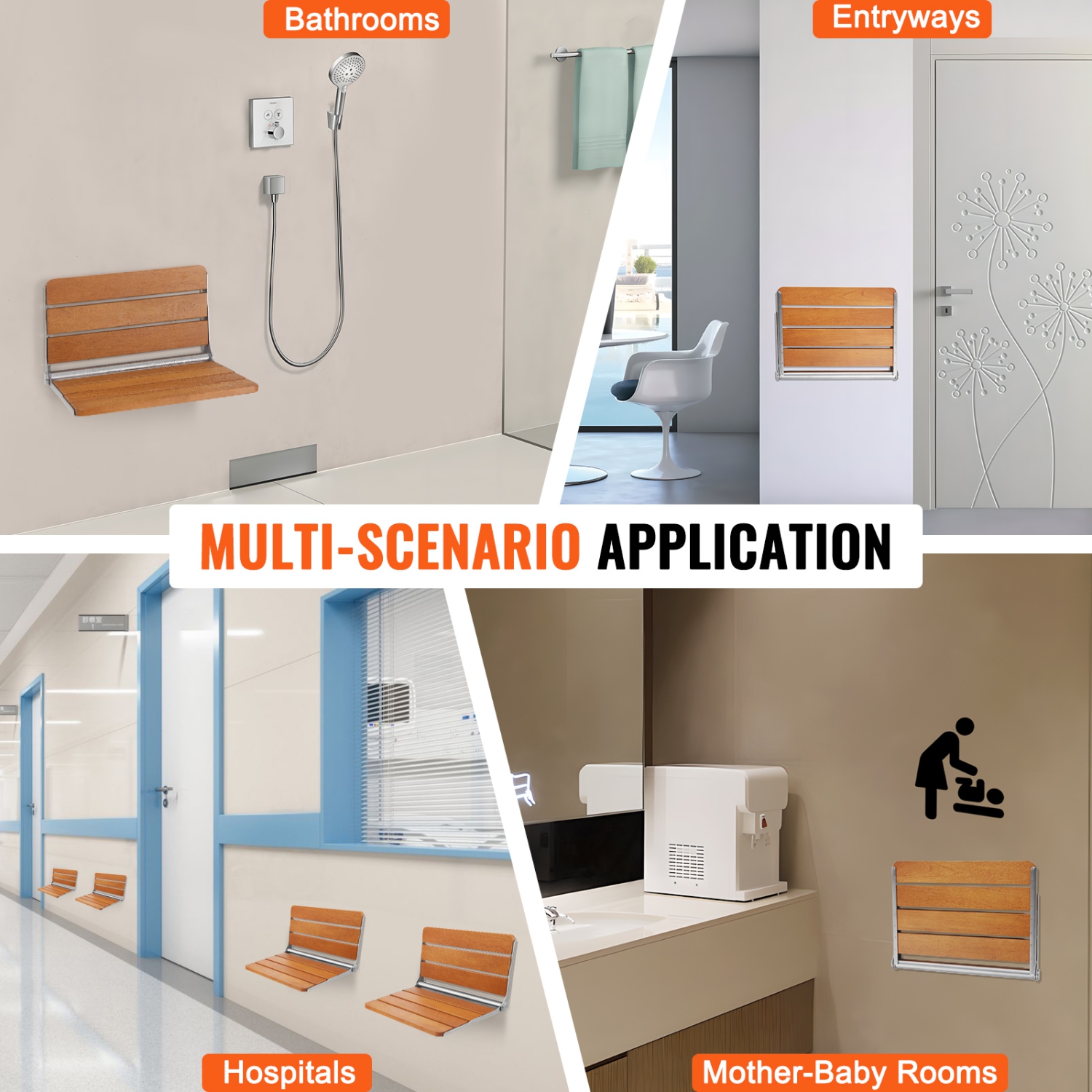 Siège de douche pliant en teck VEVOR, 20,9 x 16&nbsp;po déplié, banc de douche mural rabattable avec capacité de charge 500&nbsp;lb, fauteuil de