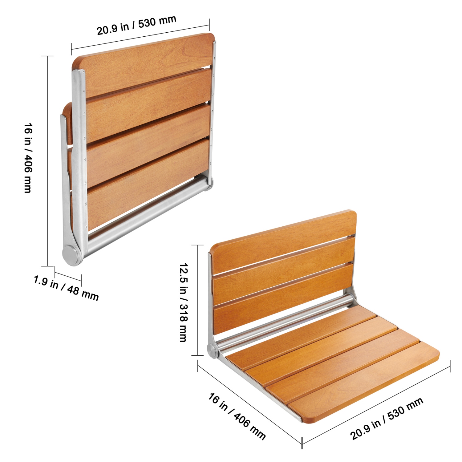 Siège de douche pliant en teck VEVOR, 20,9 x 16&nbsp;po déplié, banc de douche mural rabattable avec capacité de charge 500&nbsp;lb, fauteuil de