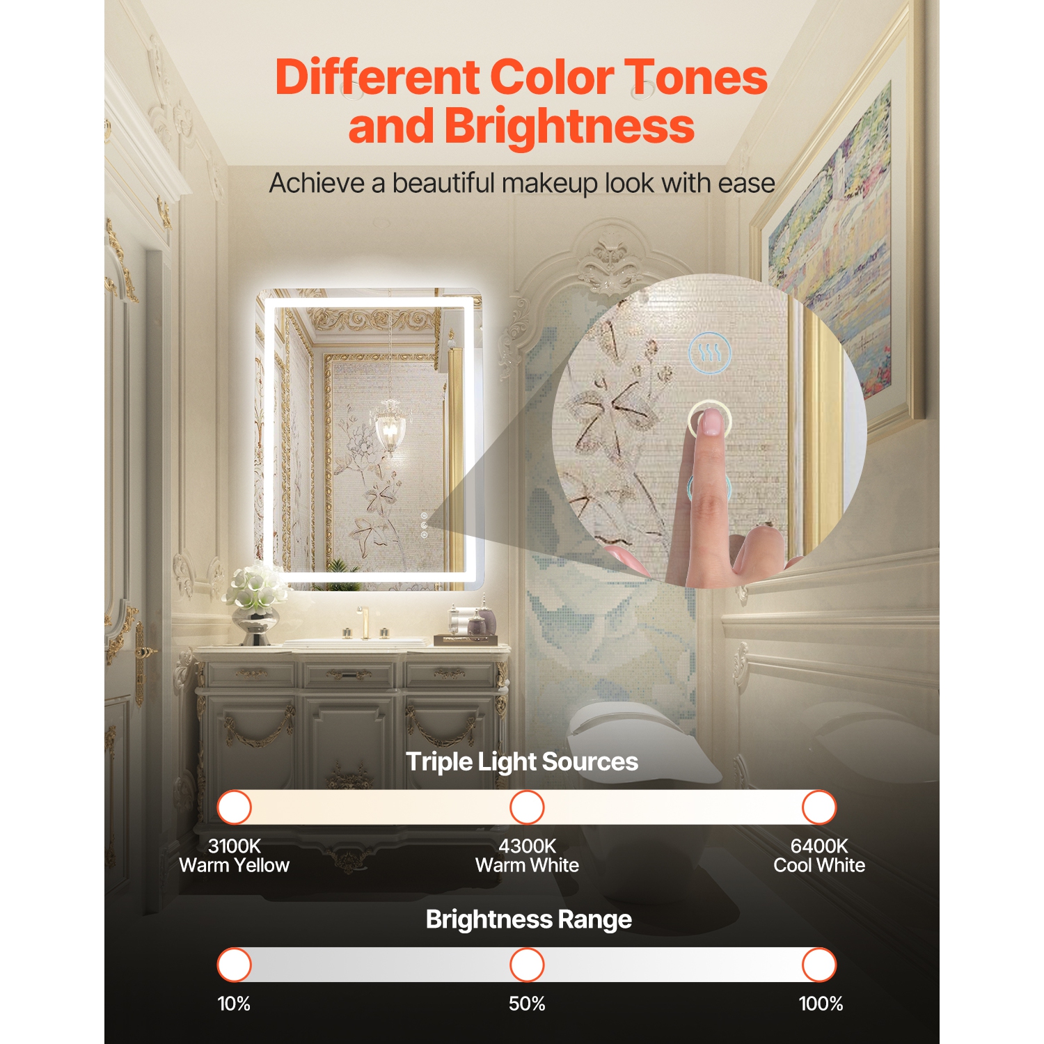 VEVOR 24"x32" LED Bathroom Mirror, Vanity Mirror with Frontlit and Backlit, Anti-Fog Memory Mirror with Lights, Stepless 3 Colors Temperature